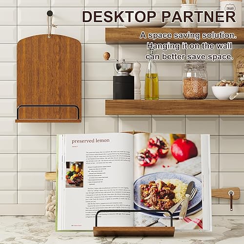 Miniatura 2 de Soporte de madera para encimera de cocina, soporte para libros de cocina marrón rústico que se adapta a exhibición colgante o de encimera, soporte