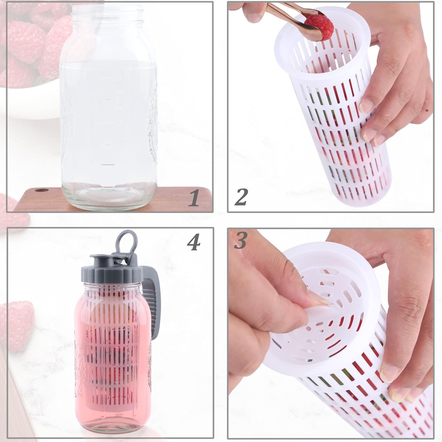 Mason Jar Pitcher With Fruit Infuser 2 Quart Water Pitcher With Pour Spout Lid 2 Pack Half gallon Wide Mouth Glass Carafe For Milk, Fruit Infused Water, Iced Tea, Lemonade, Cocktail, Cold Brew Coffee - Image 9