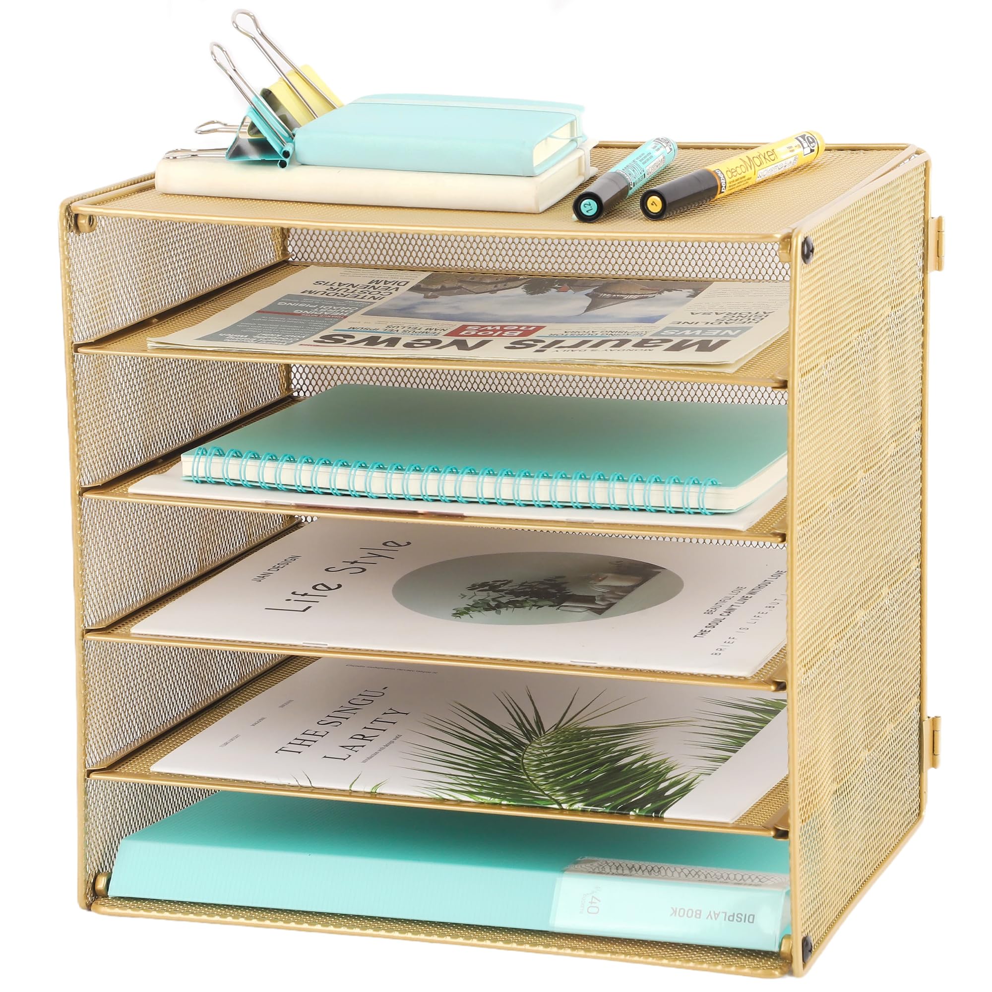 EASEPRES 5 Slot Mesh Desk Organizer Tray, File Paper Letter Folder Holder Desktop Paper Sorter Mail Organization Rack Storage Accessories, for Office