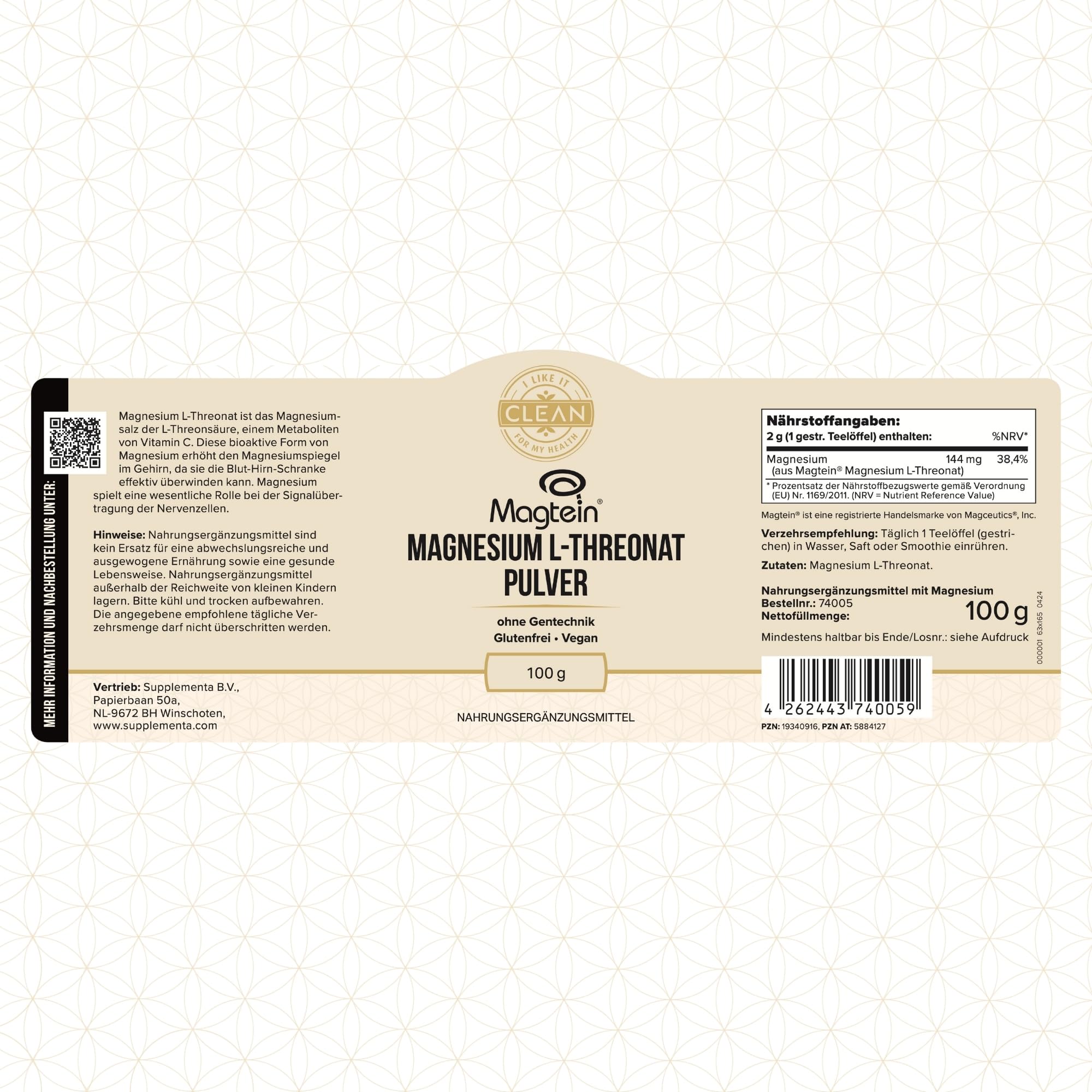 I-like-it-Clean® - Magtein® Magnesium L-Threonat Pulver - 100gr - klinisch geprüfter & patentierter Markenrohstoff (Magtein®) - vegan, reines Pulver ohne Zusatzstoffe, optimale Bioverfügbarkeit