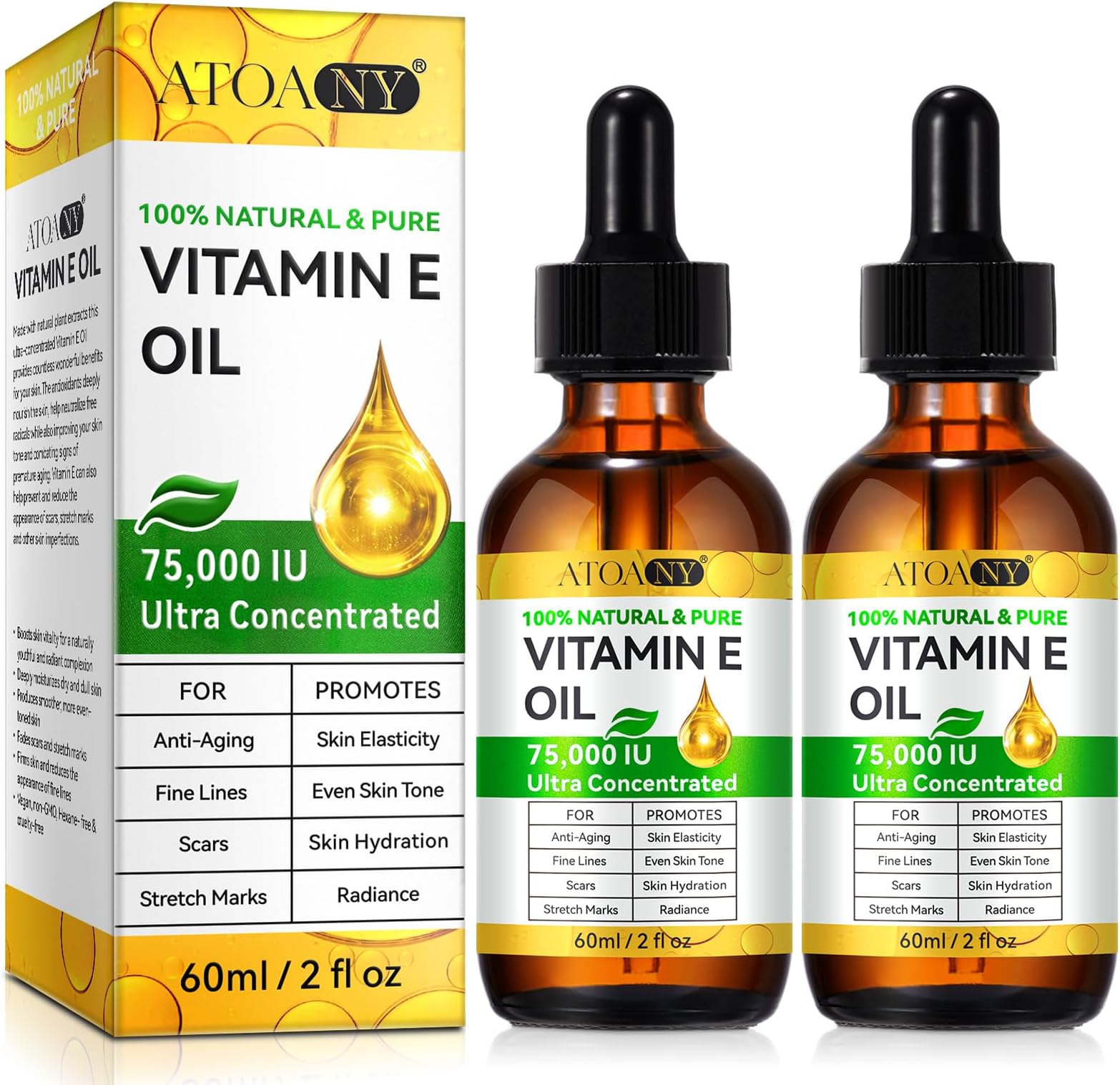 Organic Vitamin E Oil for Cosmetics 75,000 IU Pack of 2 - 100% Pure Vitamin E Oil for Skin, Face, Hair, Body - Natural Antioxidant Against Dryness, Wrinkles, Scars and Stretch Marks