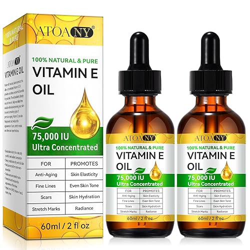 Aceite de vitamina E para la piel, 75,000 UI, paquete de 2 unidades de vitamina E para cara, cabello, cicatrices, uñas, aceite corporal ultra