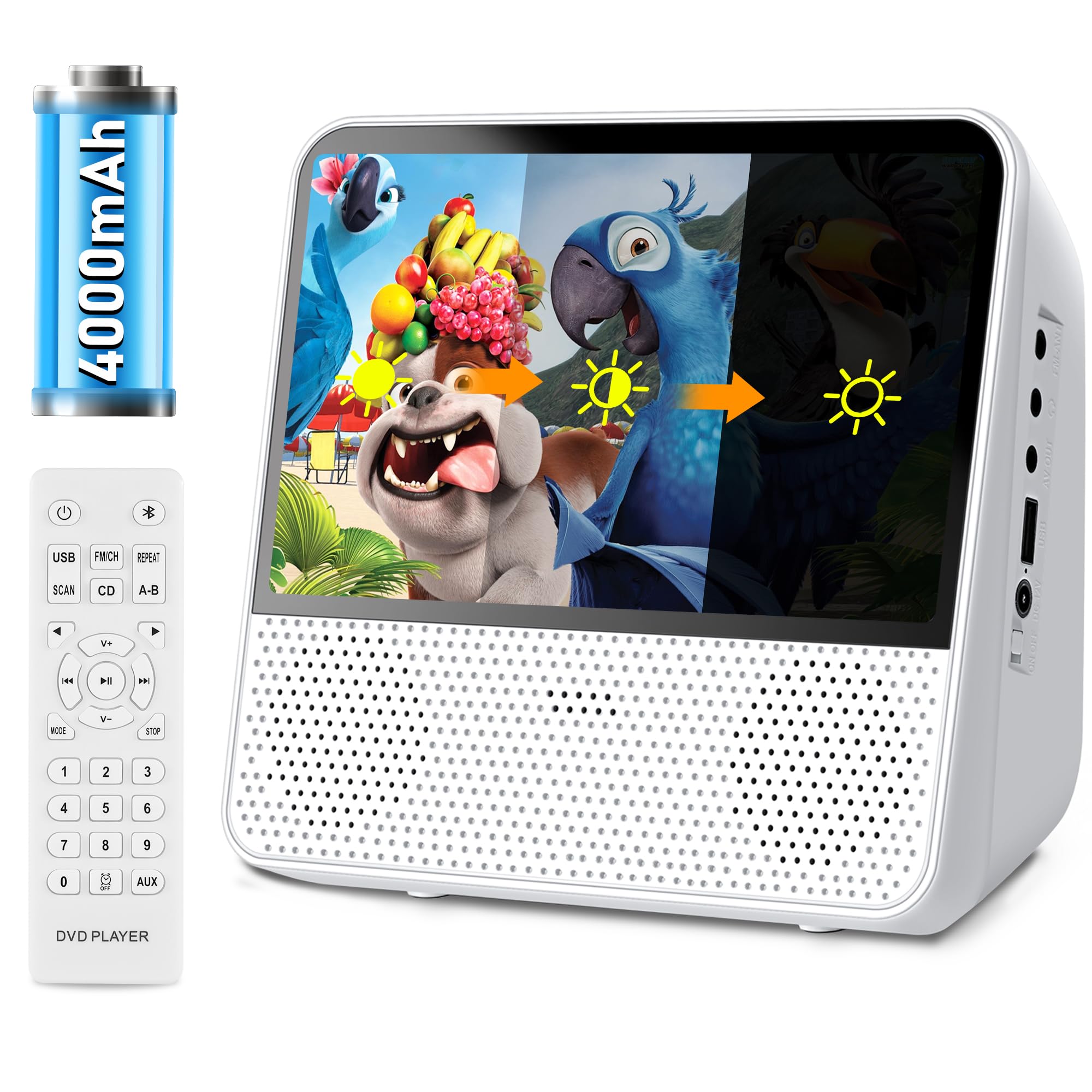 Lecteur DVD Portable 7 Pouces 4000mAh Bluetooth USB AV Mémoire Luminosité Réglable