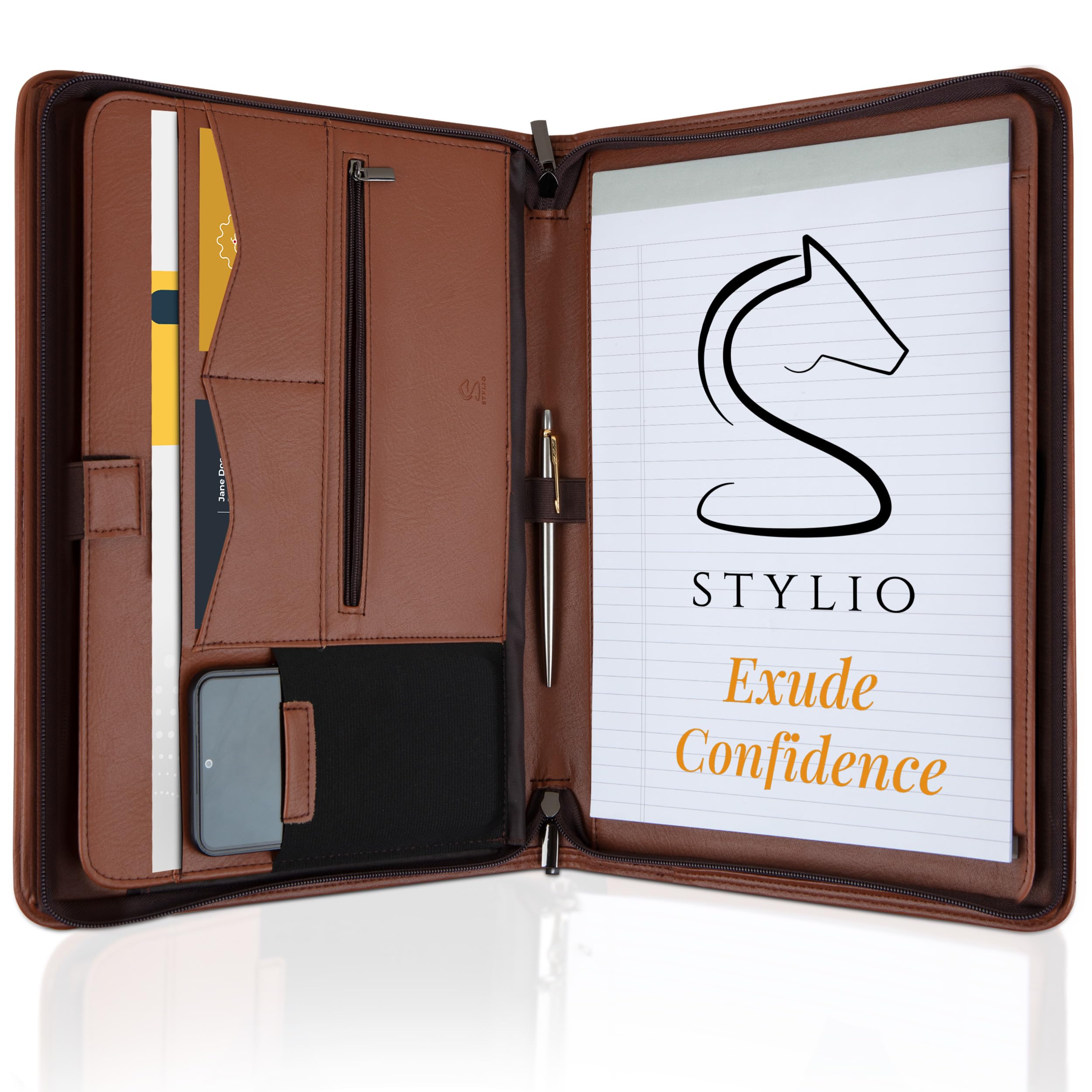 STYLIO Zipper Padfolio Portfolio Binder Organizer (Tan Color) | Faux Leather Portfolio for Resume, Documents, Phone, Tablet, Business Supplies and