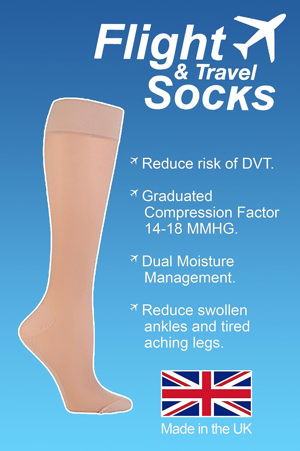 SockShop 1 Pack 40 Denier Compression DVT Flight and Travel Socks Size 5-8 US