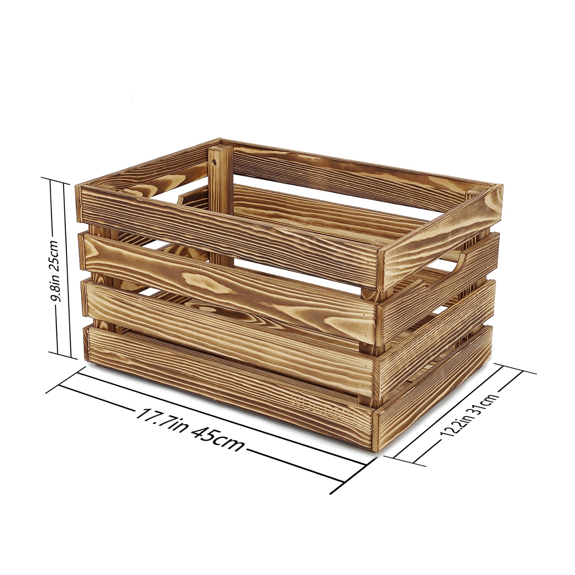 WUERMU Brown Wooden Crates are Used for Storage, Milk Crates, Wine Crates, Festival Decorations, Camping, and Other Multi-Purpose. They are Sturdy and Durable, set of 2 Length of 17.7 inches.