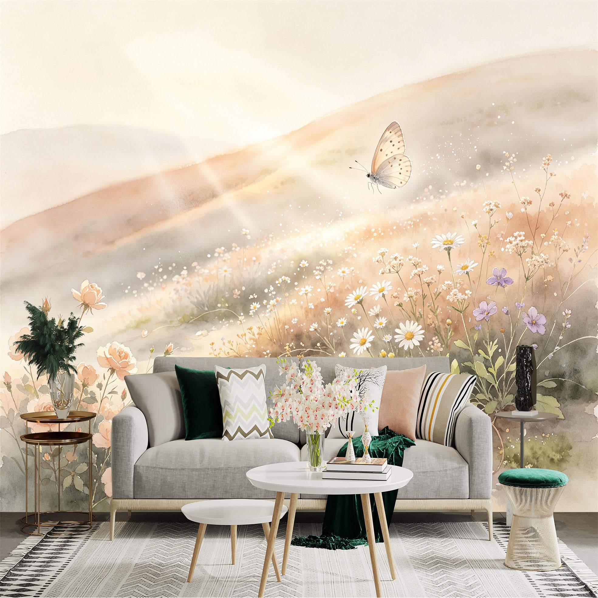 Lnzczhyre Bh260719537 Custom Size Wall Sticker Mural， Watercolor Meadow With Flying Butterfly And Wildflowers， Soft Pastel Spring Landscape， For Wall Decoration， Peelandstick Wall Decals.