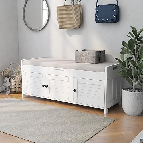 Miniatura 3 de SOFTSEA Otomana tapizada de almacenamiento con cojín removible, banco de madera para entrada con 3 puertas en forma de persiana y espacio de