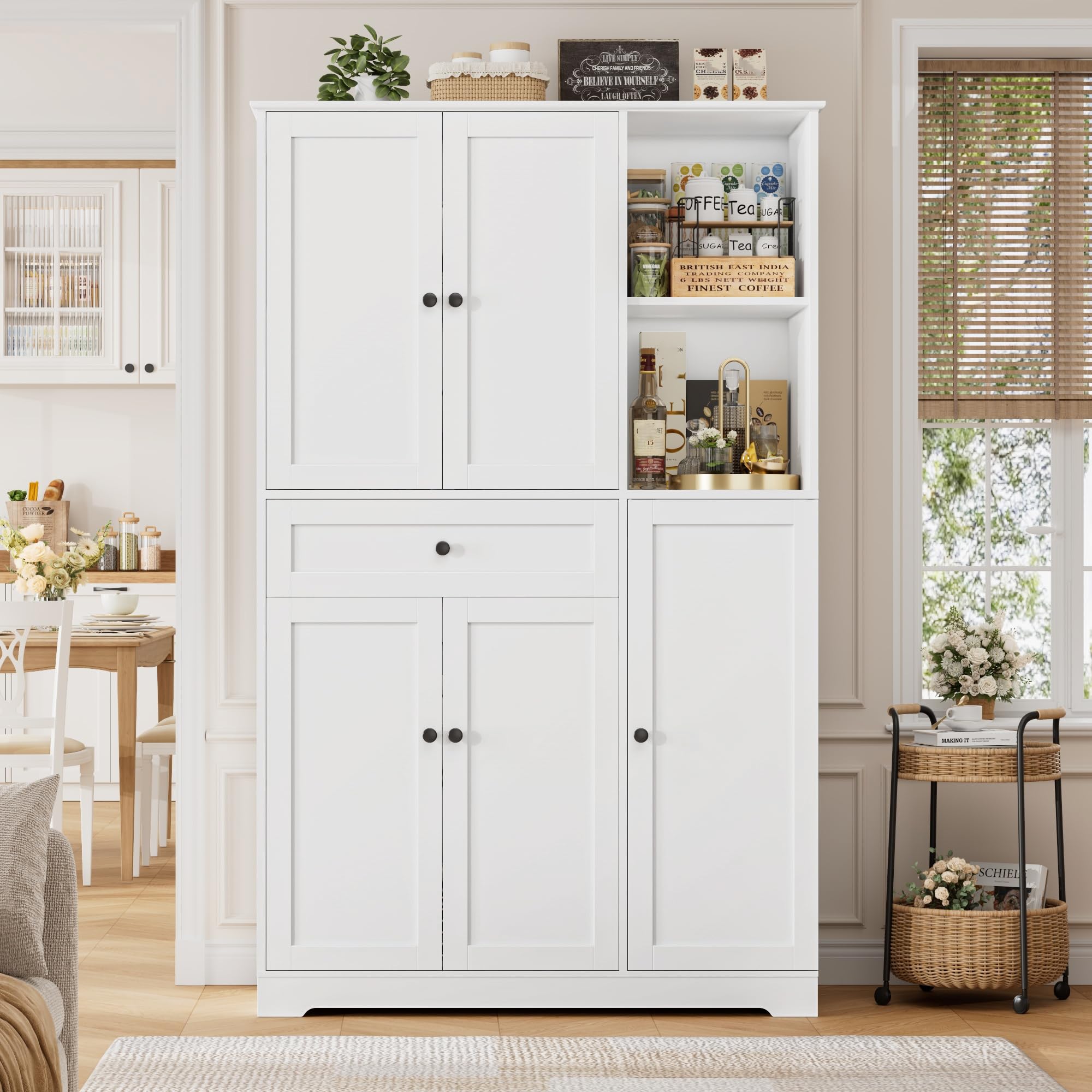 FirFurd Buffet Haut Cuisine Meuble Rangement Vaisselier avec 5 Portes Blanc | 104x40x173cm, Porte avec étagère à épices, Armoire meuble cuisine avec 13 étagères, 1 tiroir, Pour salle à manger, salon