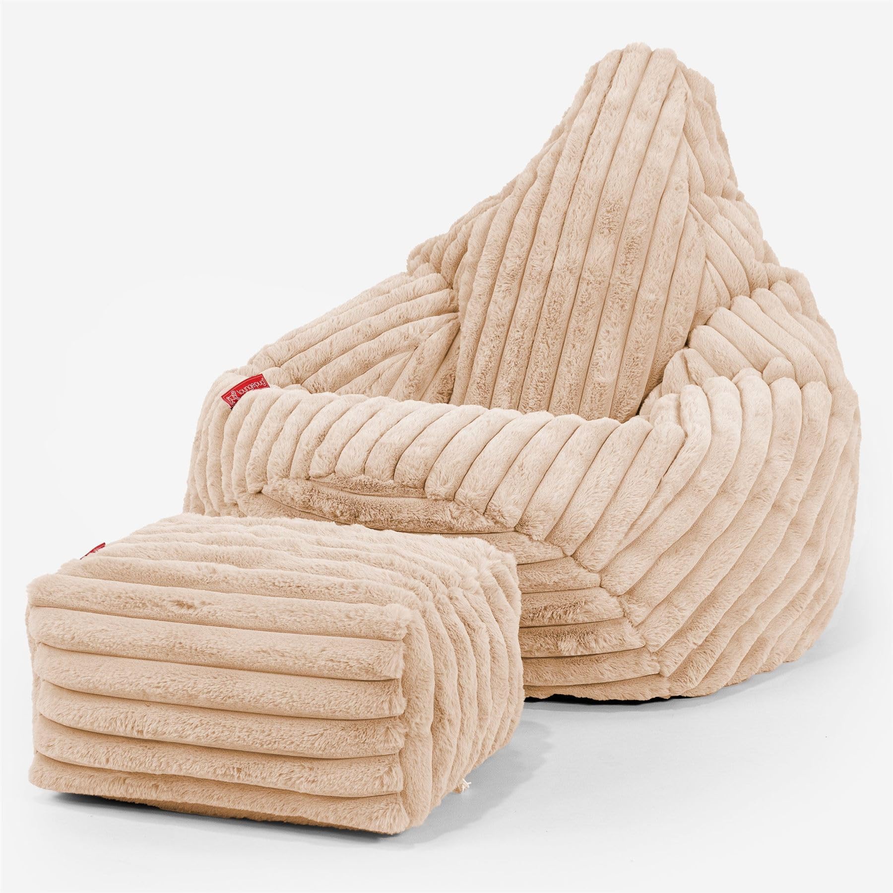 Lounge Pug Ultra Plush Cord Highback Bean Bag Chair and Footstool - Gaming Bean Bags UK Recliner Chair - Chunky Ribbed Corduroy Peach