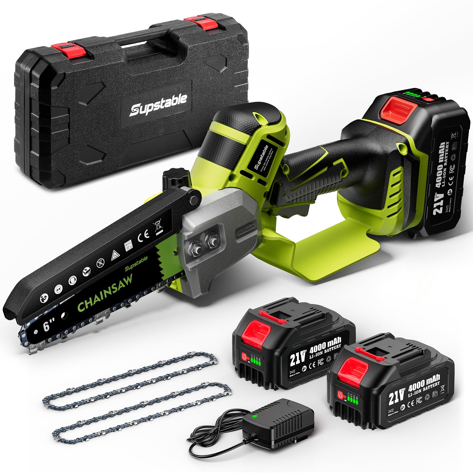 Supstable Mini Kettensäge mit Akku 6 Zoll, 8000 mAh Astsäge mit Automatischem Öler, 800W Bürstenloser Motor, 2 Akkus, 2 Ersatzketten und Ladegerät, Einhand Akkusäge für Garten & Baum