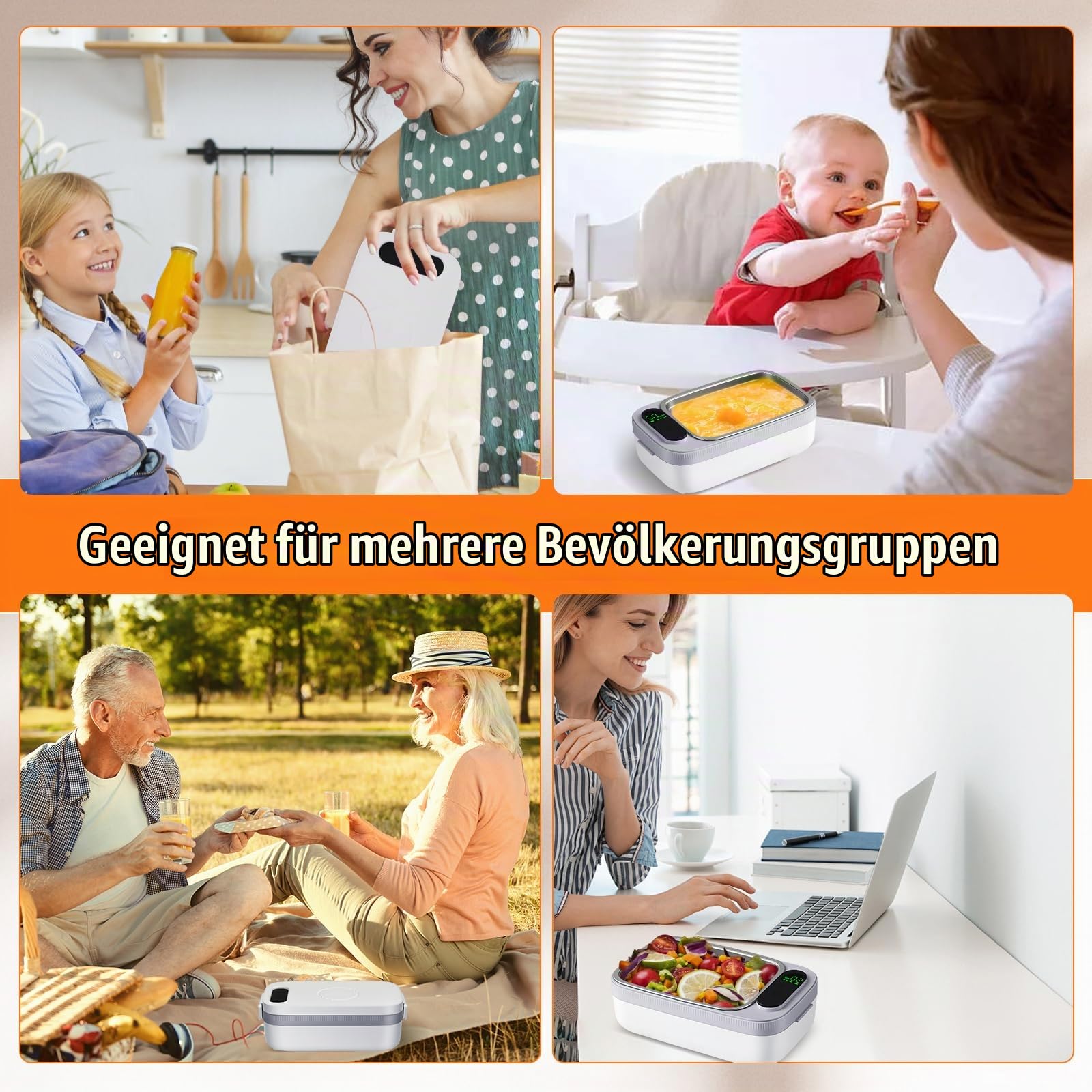 Elektrische Lunchbox mit Akku 14000mAh 1L Kabellose Beheizte Lunchbox für Erwachsene mit Automatischer Aufheizfunktion, USB Heizbare Brotdose, Edelstahl-Innenbehälter, Kein Besteck