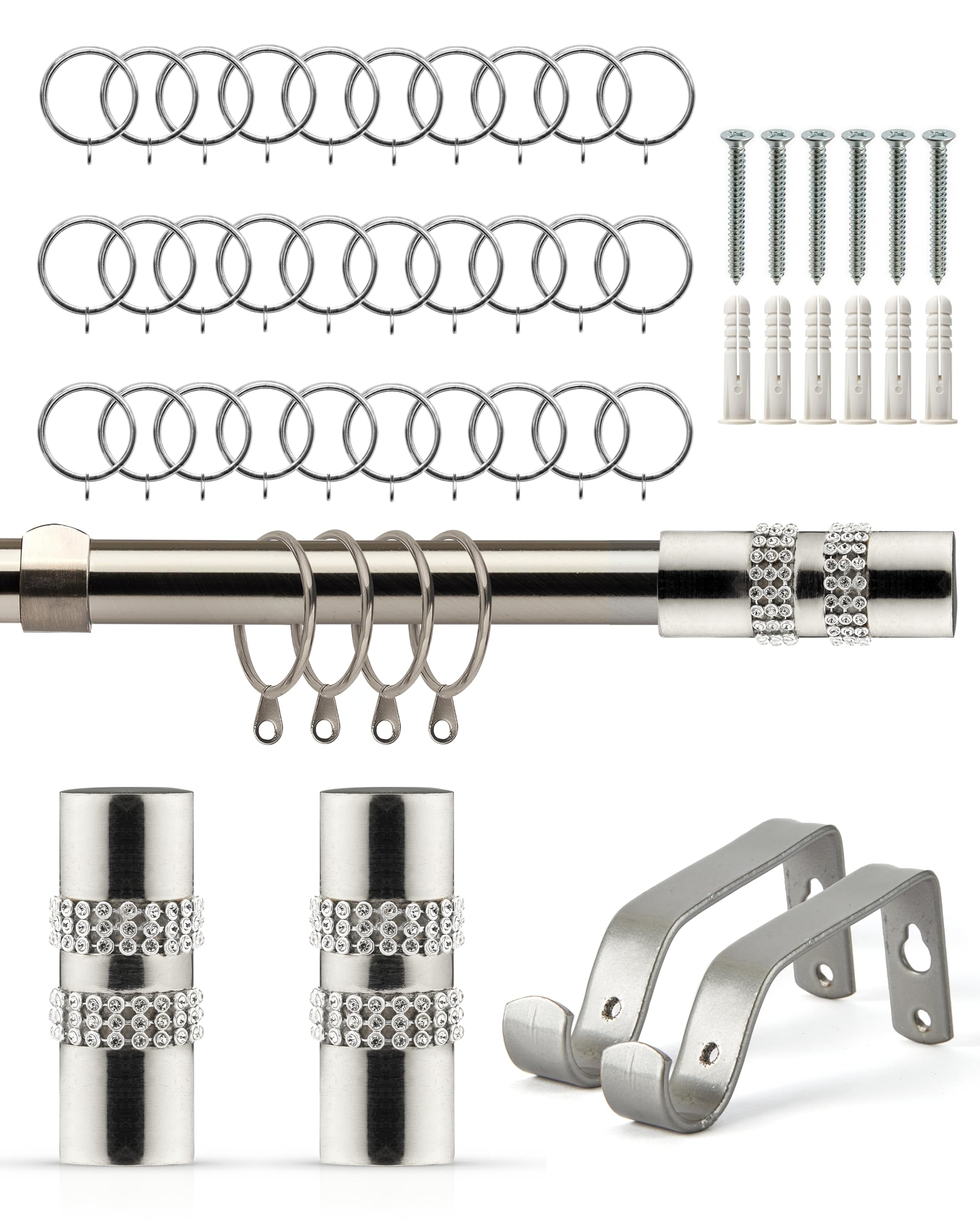 Emma Barclay Extendable Curtain Pole With Finials Rings Brackets & Fittings Sets 16-19mm in Brushed Silver Metal Curtain Poles For Eyelet Curtains Rod - Diamante Collection 1.6m - 3m Brushed Silver