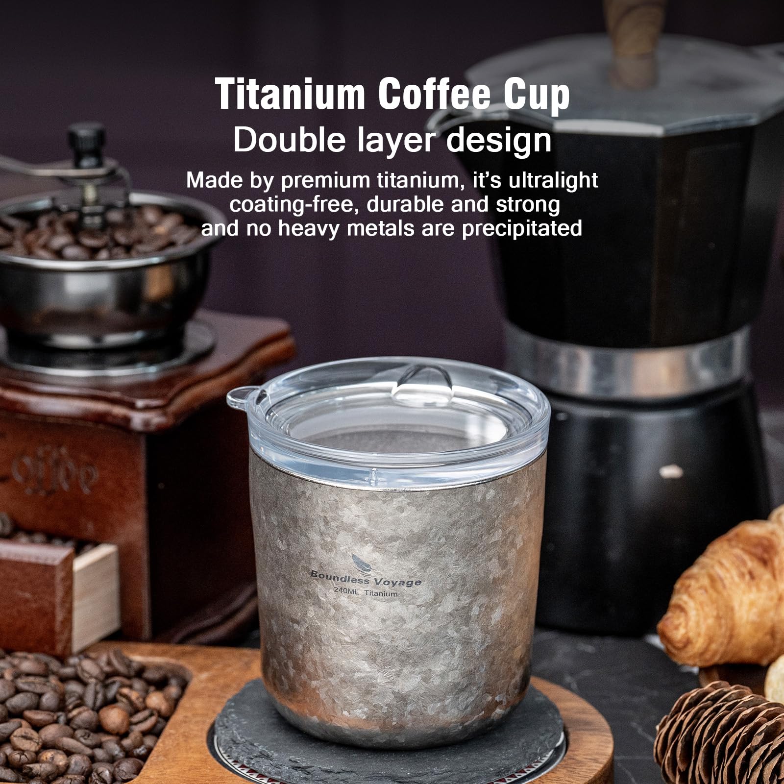 Boundless Voyage Ti3238D Tasse à café en titane à double paroi avec couvercle 240 ml