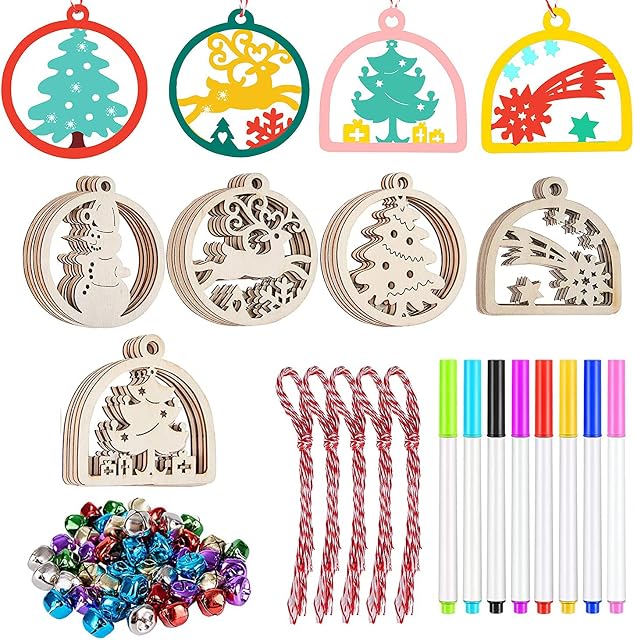 Ywlake 50pcs Unfinished Wood Wooden DIY Hanging Ornaments for Christmas Decorations,5 Styles Wood Slices with Holes for Kids Crafts Centerpieces Holiday Hanging Decorations