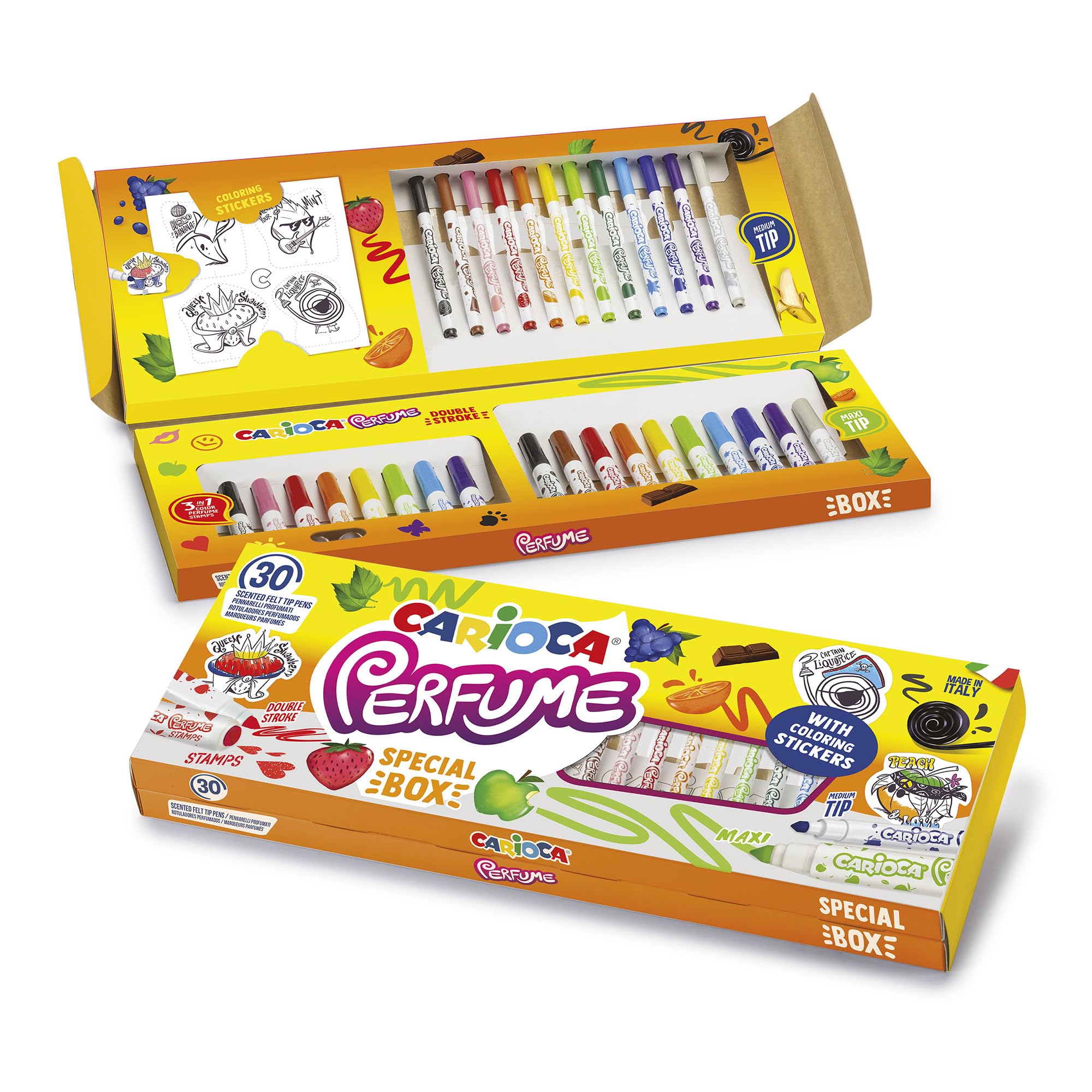 Carioca Set especial de Rotuladores Perfumados | Contiene 30 Rotuladores Perfumados con Pegatinas para colorear | Colores Surtidos | Tinta Lavable y Punta Bloqueada