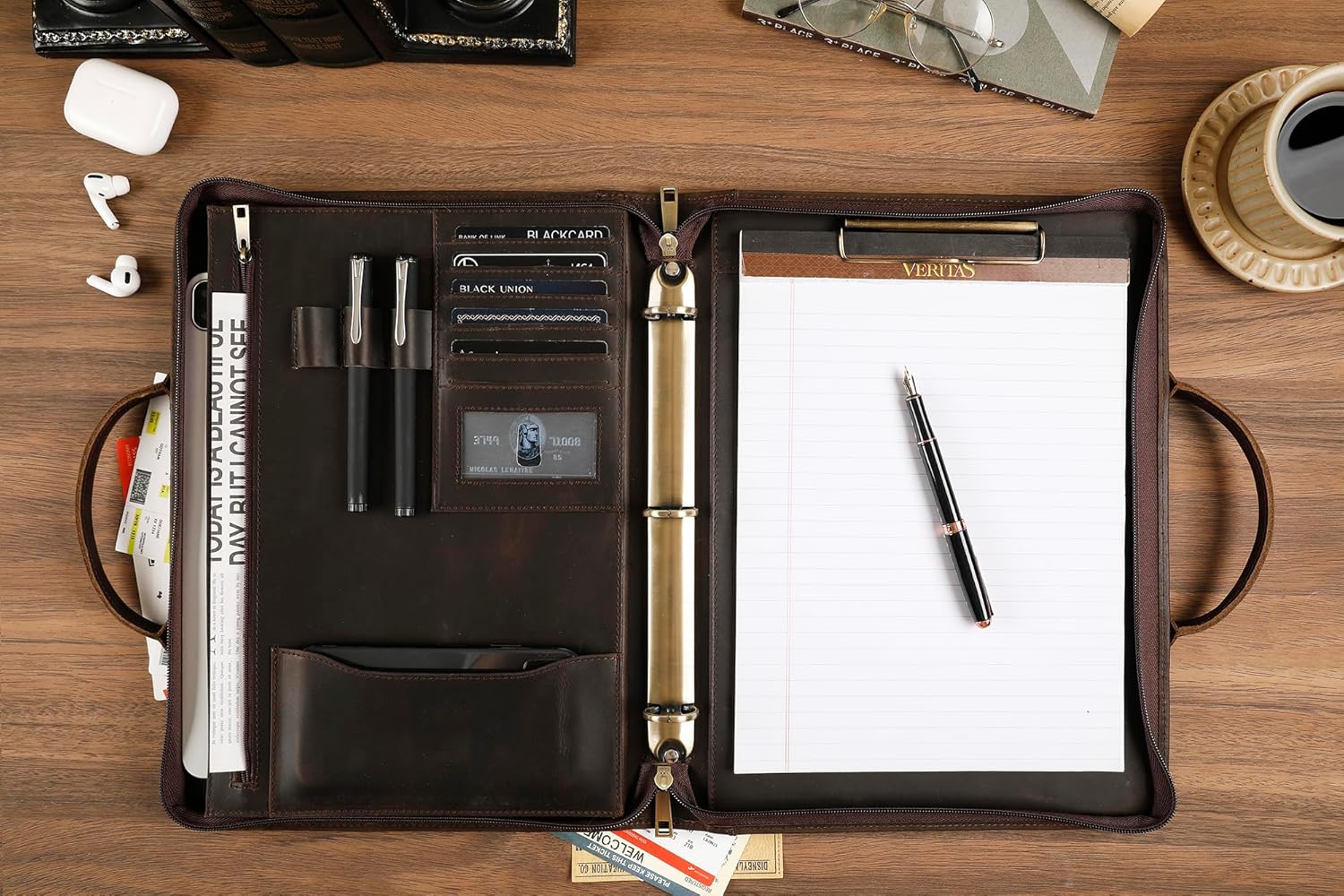 Leather Portfolio Binder with Clipboard, Letter Size Notepad Padfolio with Handle, Work Portfolio Organizer for Men, Dark Khaki, Custom