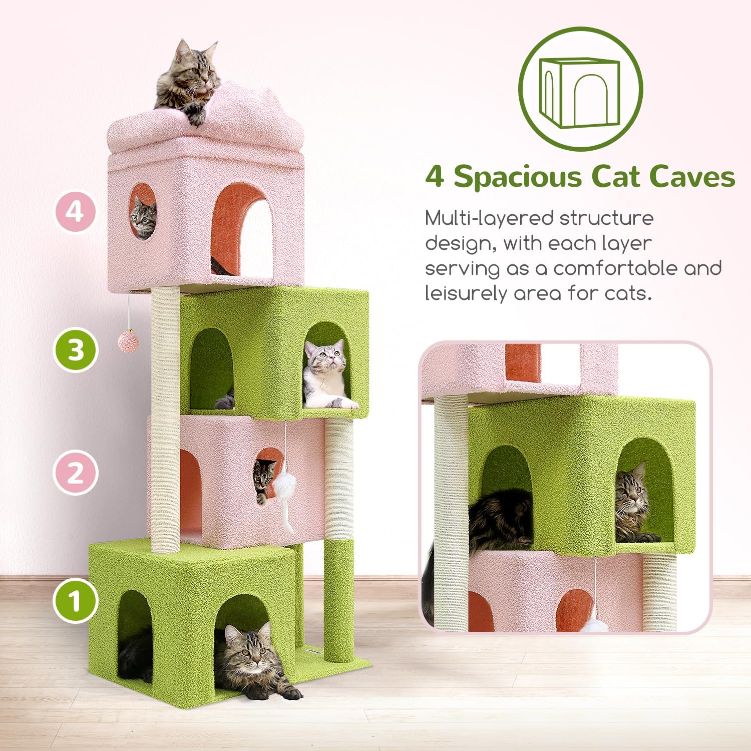 review FC61 Cat Condos for Indoor Cats Large Adult Cat Tree 61-inch Cat Climbing Tower with 4 Cat Condos Cat Climbers for Indoor Large Cats, Pink Green