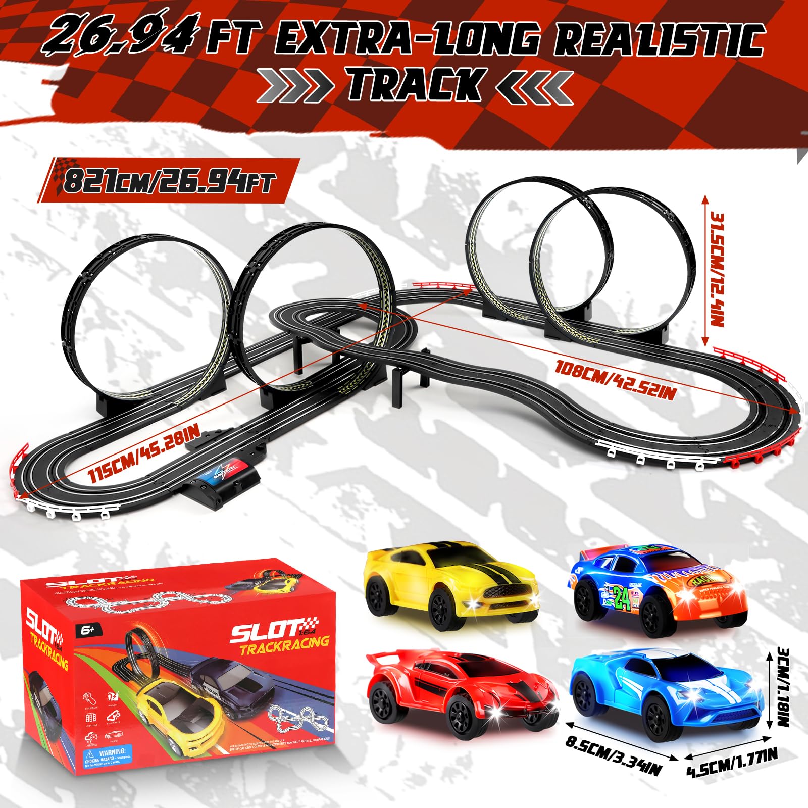IEEILULU Pista Carreras Electrica, 1:64 Pista Coches Niños con 4 LED Coches Contador Vueltas Bucle 360°, Extralargo Circuito Coche Juguete Regalos Niños 6+ Años (821CM)
