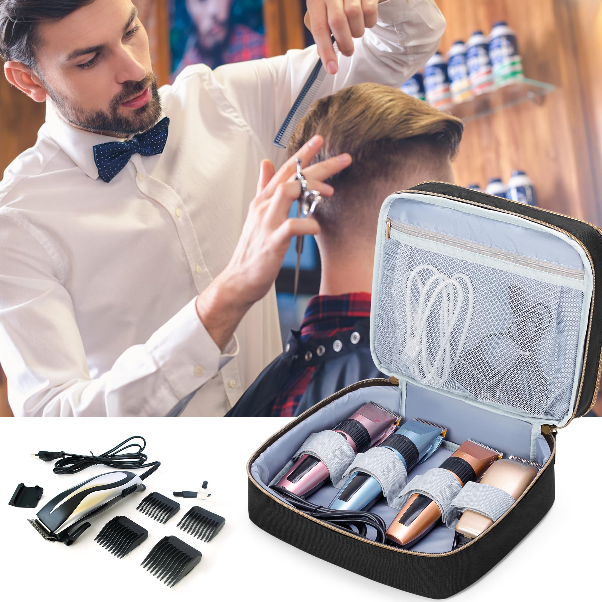 CURMIO Sac Double Couche pour Tondeuse à Cheveux, Étui de Transport Compatible avec SUPRENT, Hatteker, Wahl, GLAKER et la Plupart des Tondeuse Standard et Accessoires de Coiffure, Noir