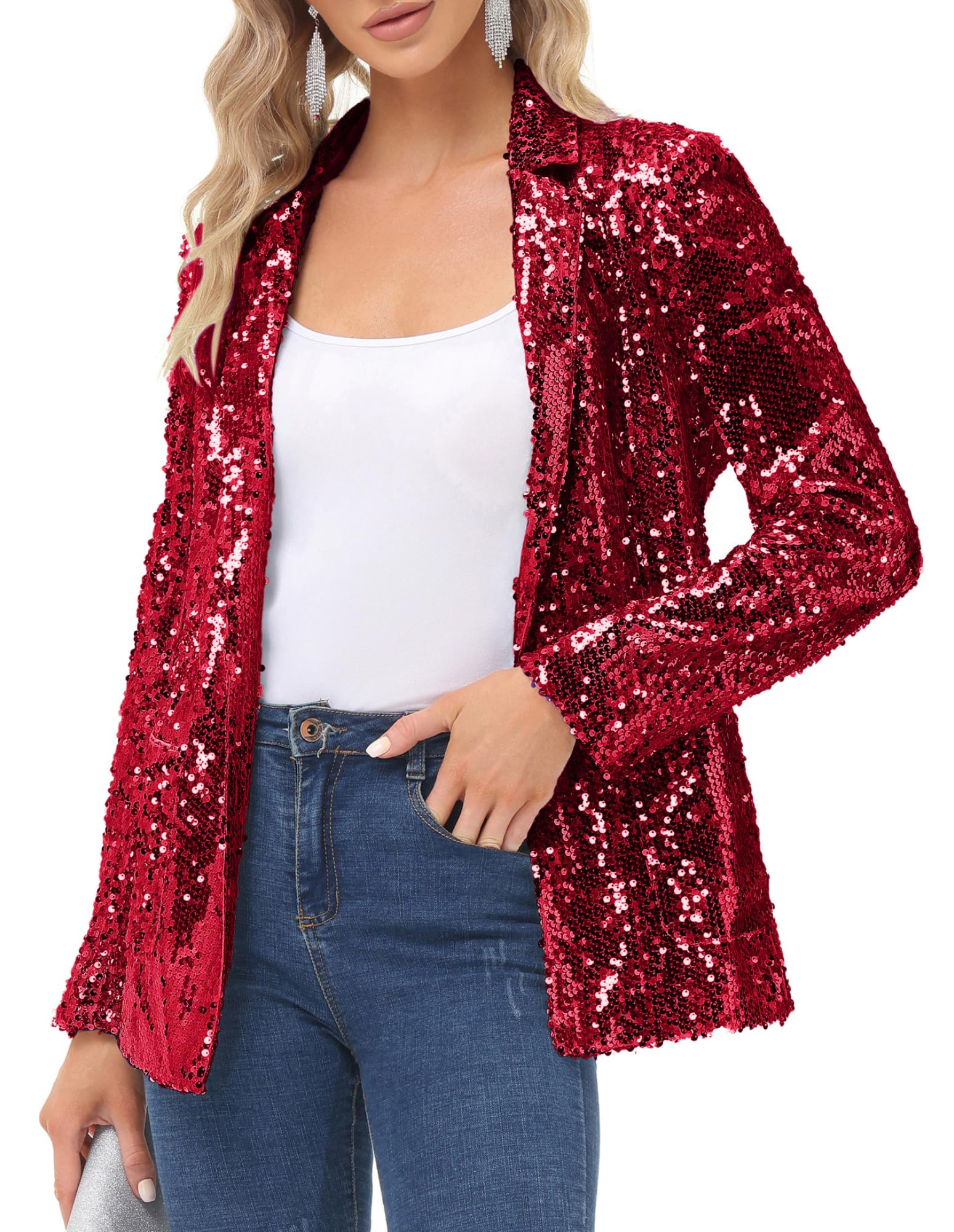 KANCY KOLE Womens Sequin Jackets Open Front Blazer Jacket Casual Long Sleeve Sparkly Cardigan Coat with Pocket S-XXL