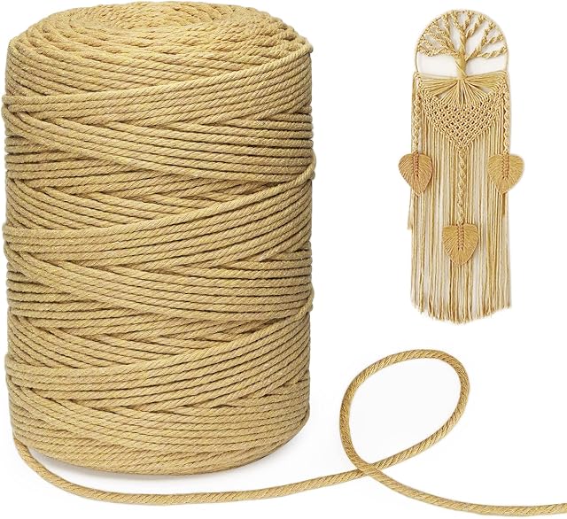 Macrame Cord,3mm x 300m Macrame Rope Cotton,4-Strand Twisted Soft Unstained Macrame Cotton Rope for Wall Hanging,Plant Hangers,Crafts,Knitting,Decorative Projects(Turmeric)