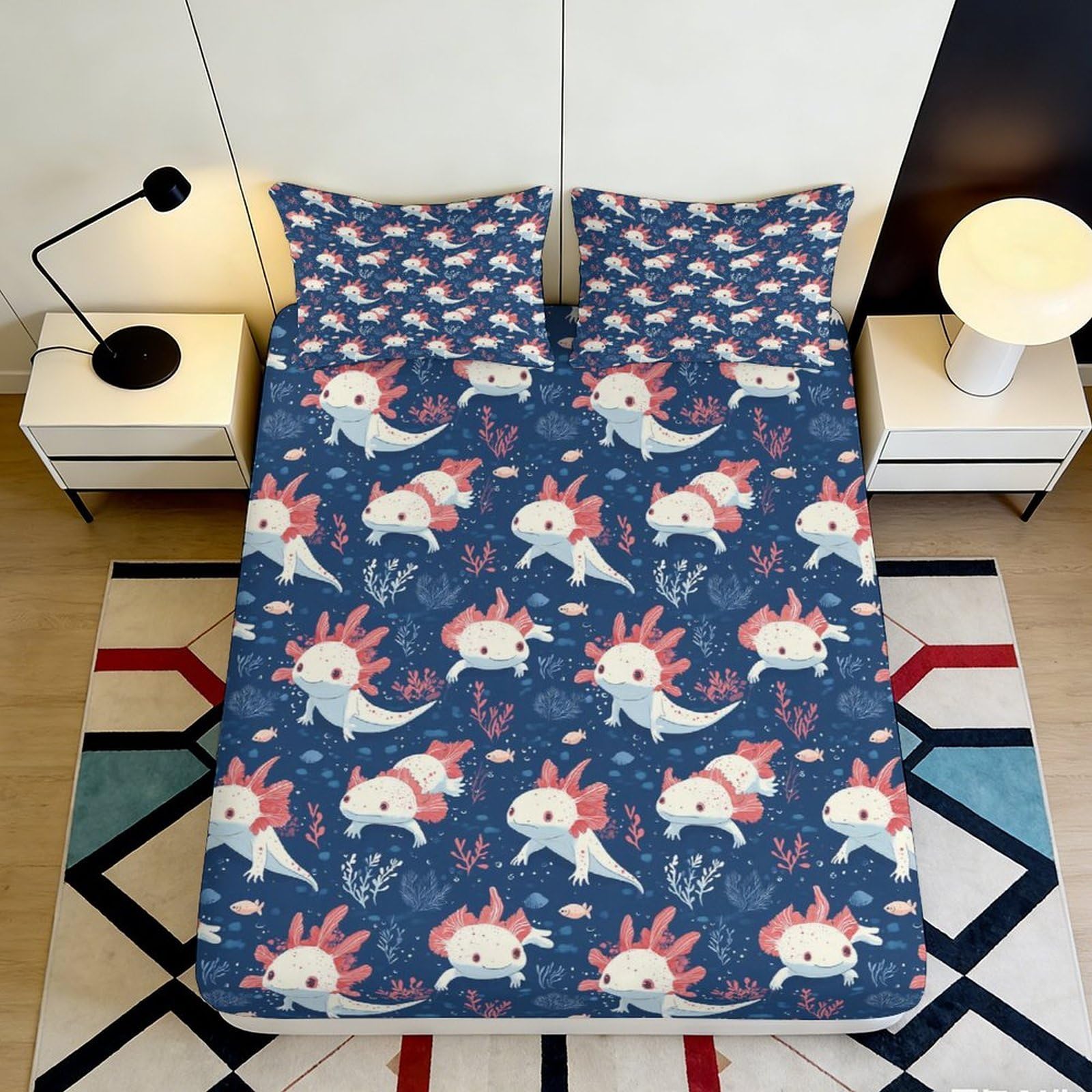 3D Printed Axolotl Pattern Fitted Sheet Microfiber Durable Soft 3D Printed Underwater Creatures Mattress Cover for Bedroom Dormitory Guest Room 180x200x25cm