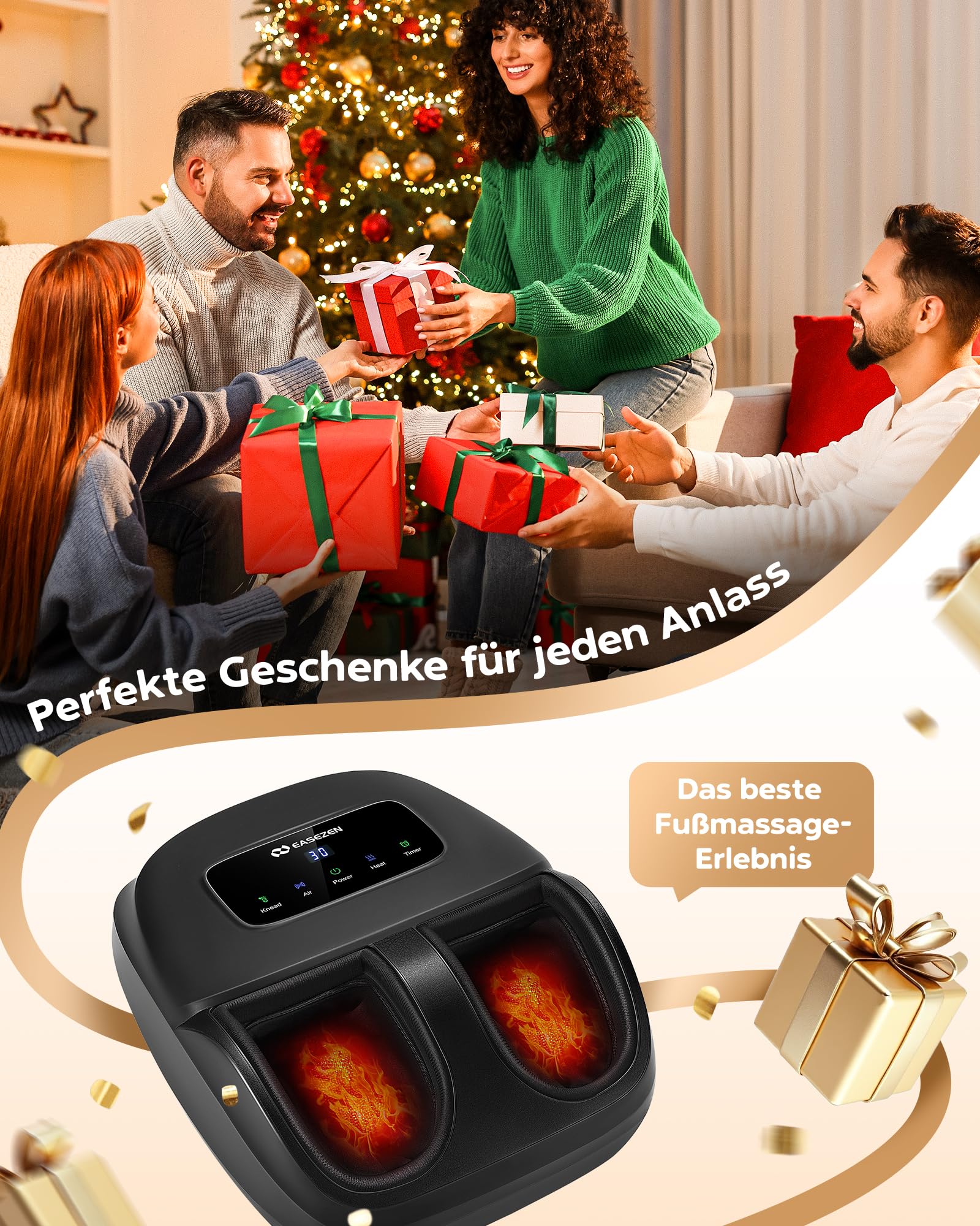 EaseZen Fußmassagegerät, Fussmassagegerät Fernbedienung & LCD, bis Gr. 48 | Shiatsu Fußmassagegerät Vollfuß-Wärme 3 Stufen 3 Knet-/Luftdruckstufen Kunststoffgehäuse, schwarz, bis EU 48
