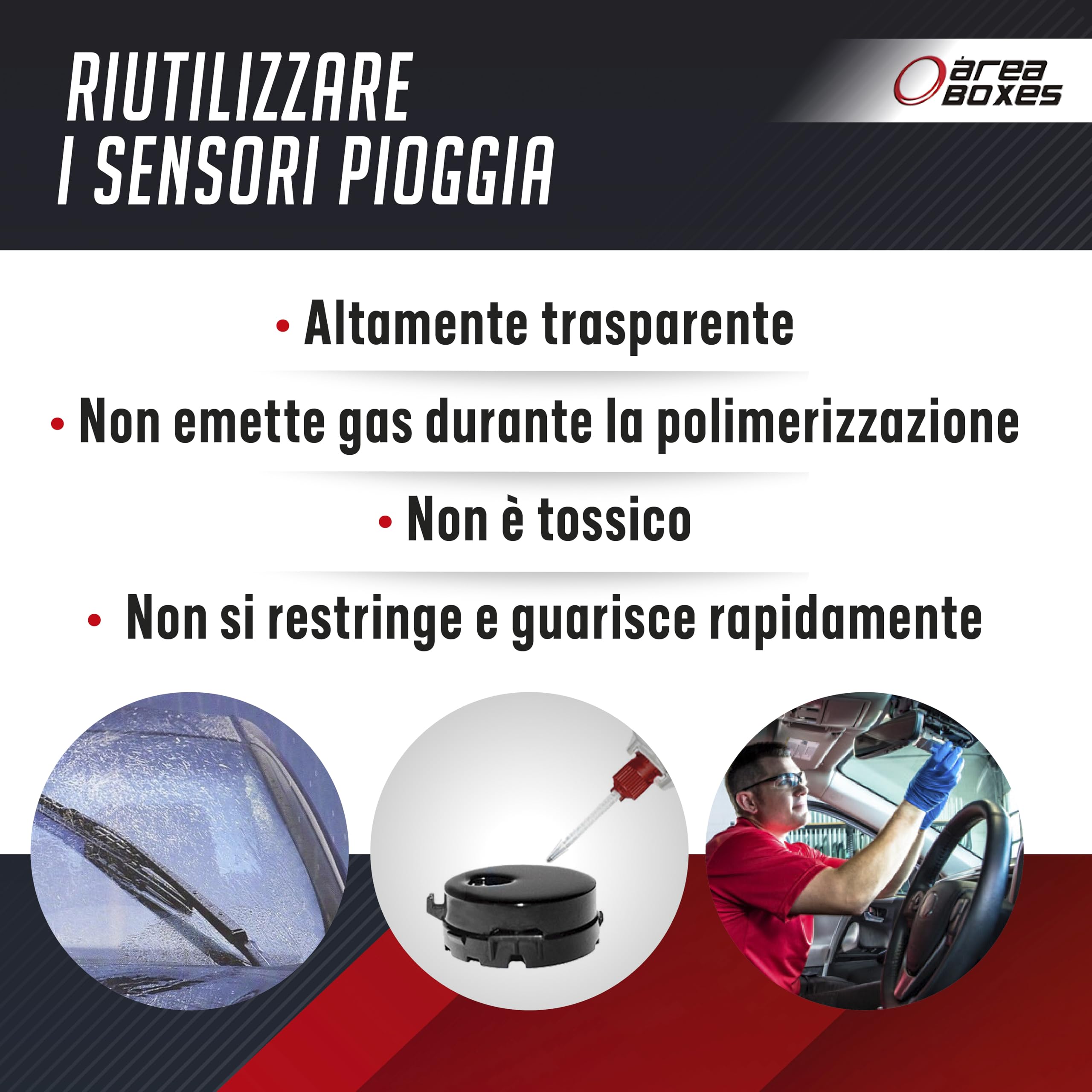 Gel adesivo per riutilizzare il sensore di pioggia di qualsiasi parabrezza/lunotto di qualsiasi auto. Silicone altamente trasparente. Bicomponente a presa rapida, non tossico. Finitura originale