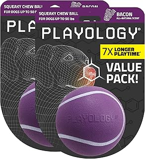 Playology Dog Toys | Squeaky Chew Ball - Bouncy Durable Floating Fetch Ball for Dogs, Value 2-Pack | Medium Bacon Scented Toy - Easy to Clean and Made from Non Toxic Materials
