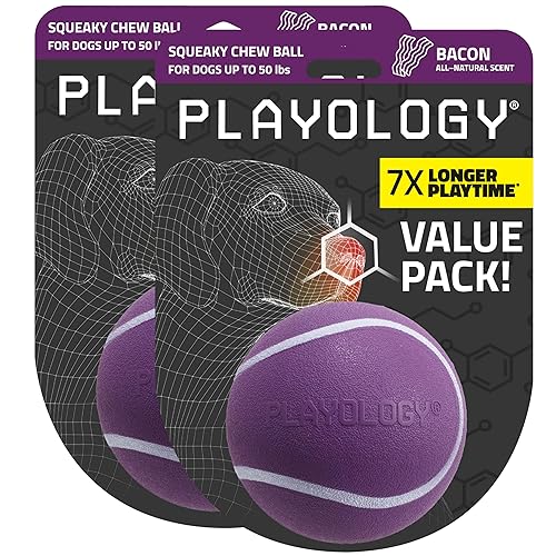 Playology Dog Toys | Squeaky Chew Ball - Bouncy Durable Floating Fetch Ball for Dogs, Value 2-Pack | Medium Bacon Scented Toy - Easy to Clean and Made from Non Toxic Materials - Medium (VALUE 2-Pack) - Bacon