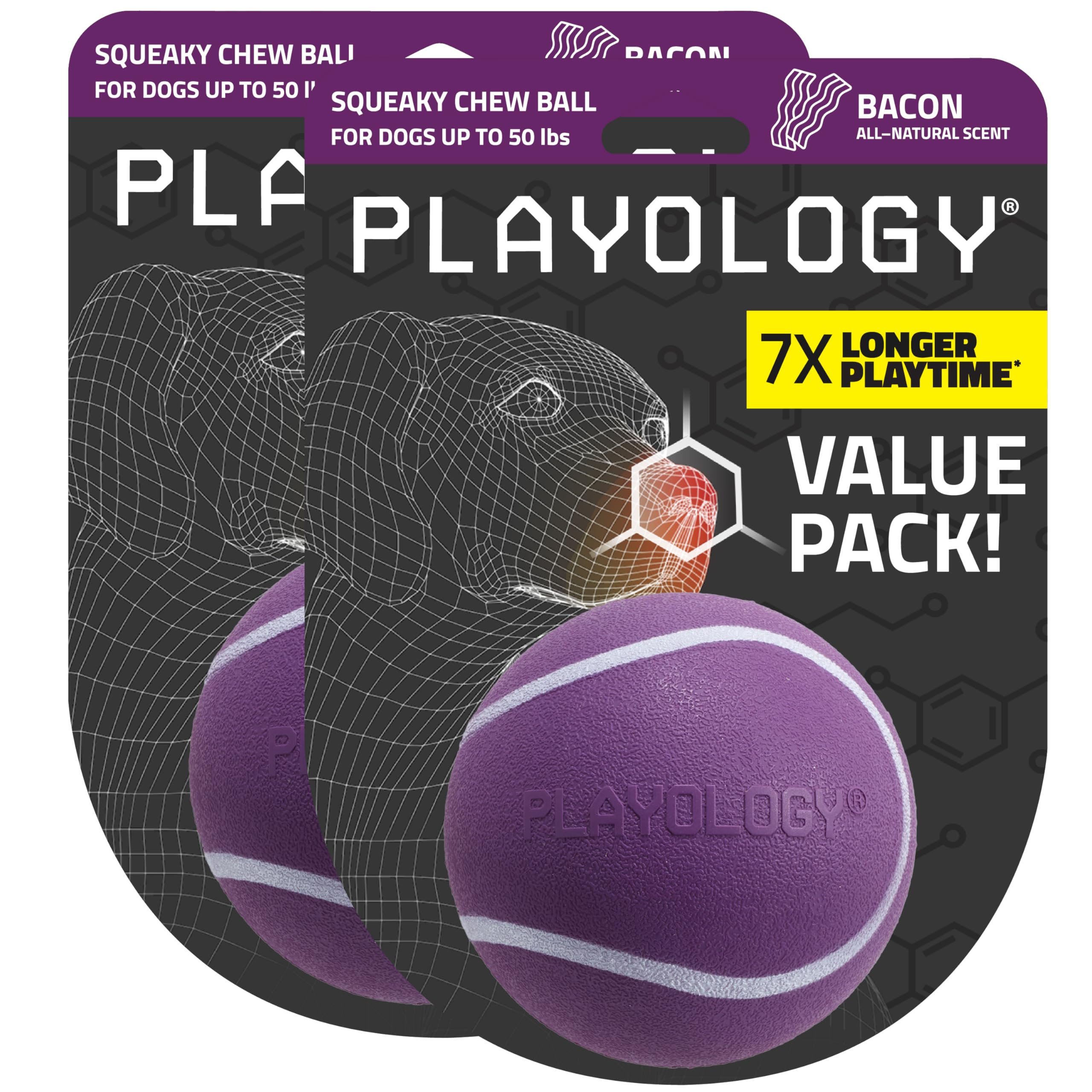 Playology Dog Toys | Squeaky Chew Ball - Bouncy Durable Floating Fetch Ball for Dogs, Value 2-Pack | Medium Bacon Scented Toy - Easy to Clean and Made