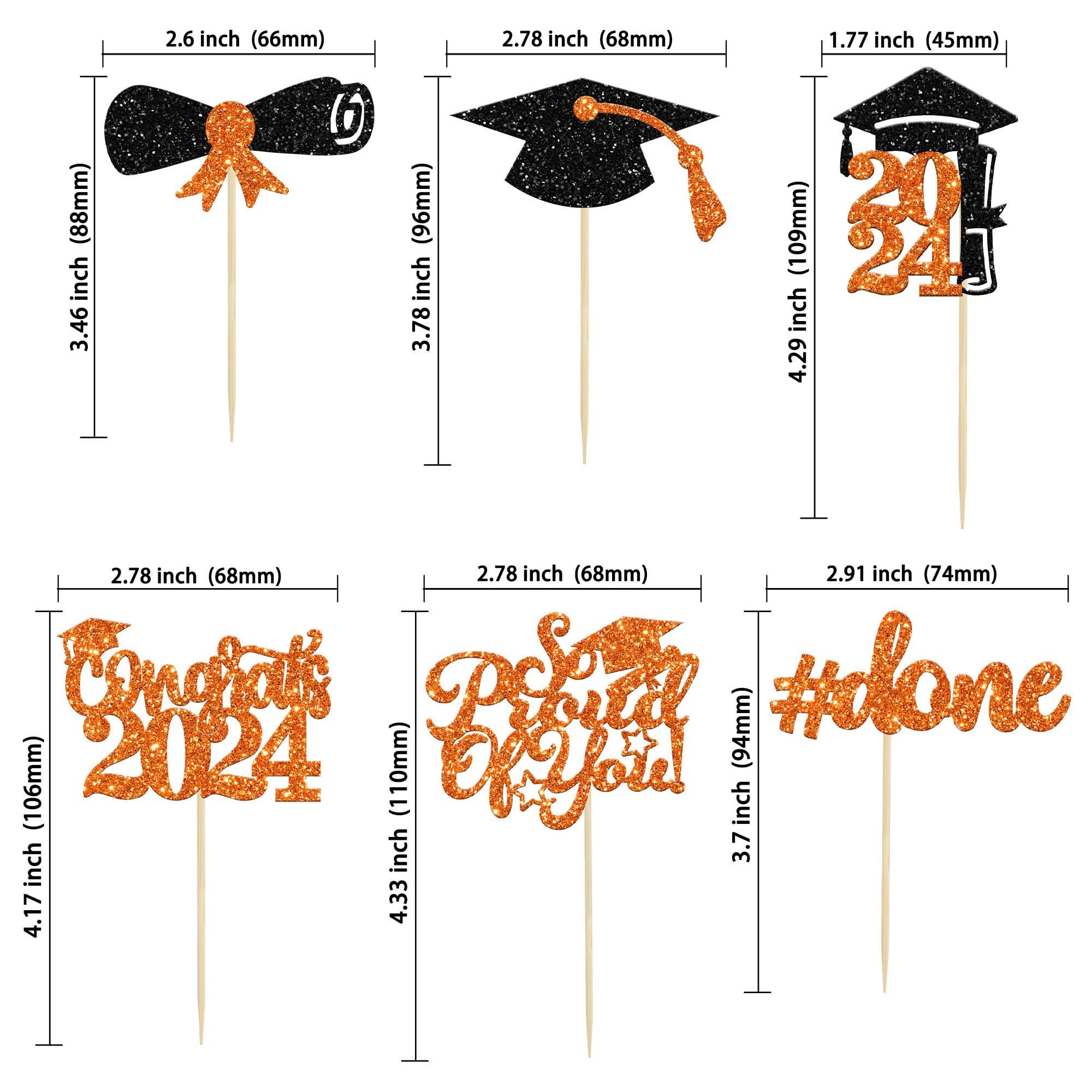Gyufise 24Pcs 2026 Graduation Cupcake Toppers Orange Glitter Congrats Class of 2026 Done Diploma Grad Cap Cupcake Picks So Proud of you Cake Decoratiosn for 2026 Graduation Theme Party Supplies - Image 2