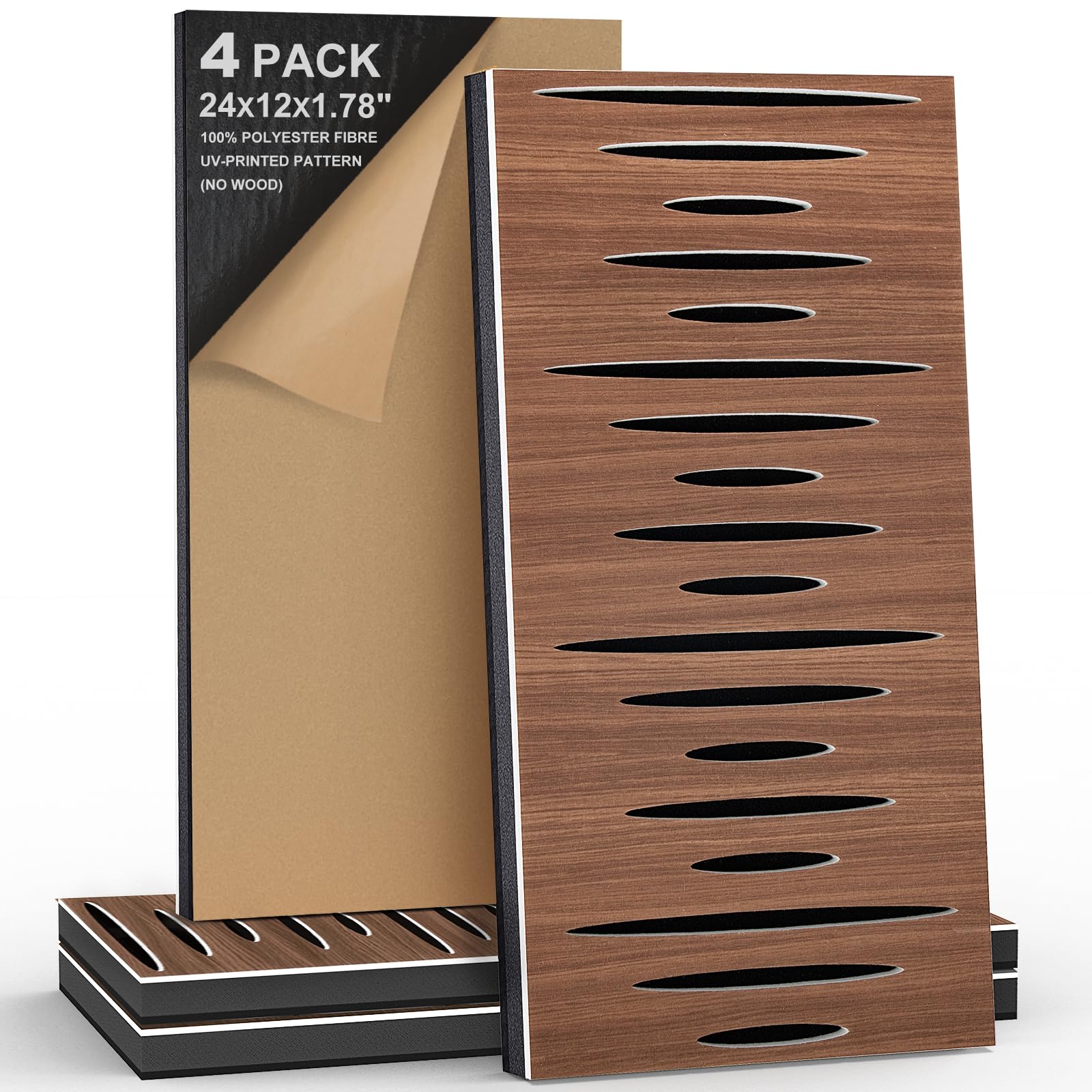 Paquete de 4 paneles de pared acústicos autoadhesivos de espuma insonorizada para pared, aislamiento acústico decorativo de fibra de poliéster perforado 3D para estudio de grabación, 24 x 12 x 1.78