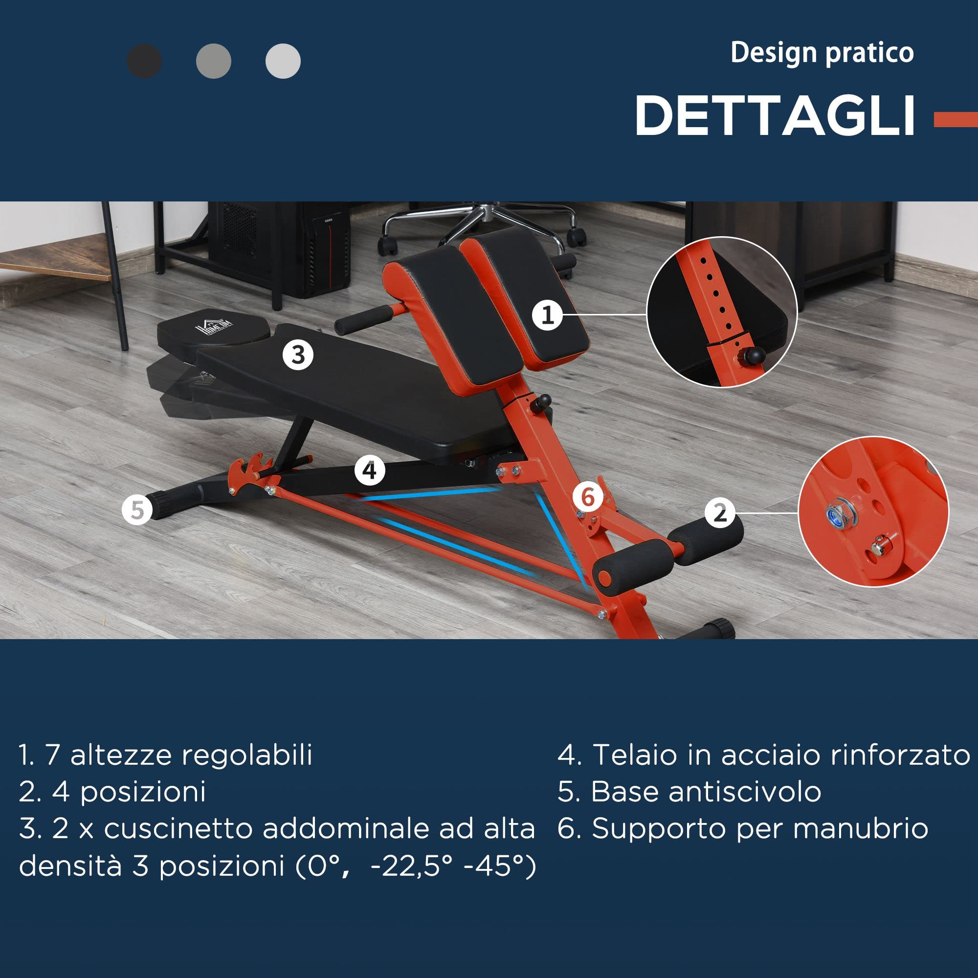HOMCOM Panca Piana Palestra, Panca Pesi Regolabile per Allenamento a Casa, Panca Palestra Multifunzione con 1 Regolazione Piana e 2 Reclinazioni, 4 Regolazioni del Piede, Nero