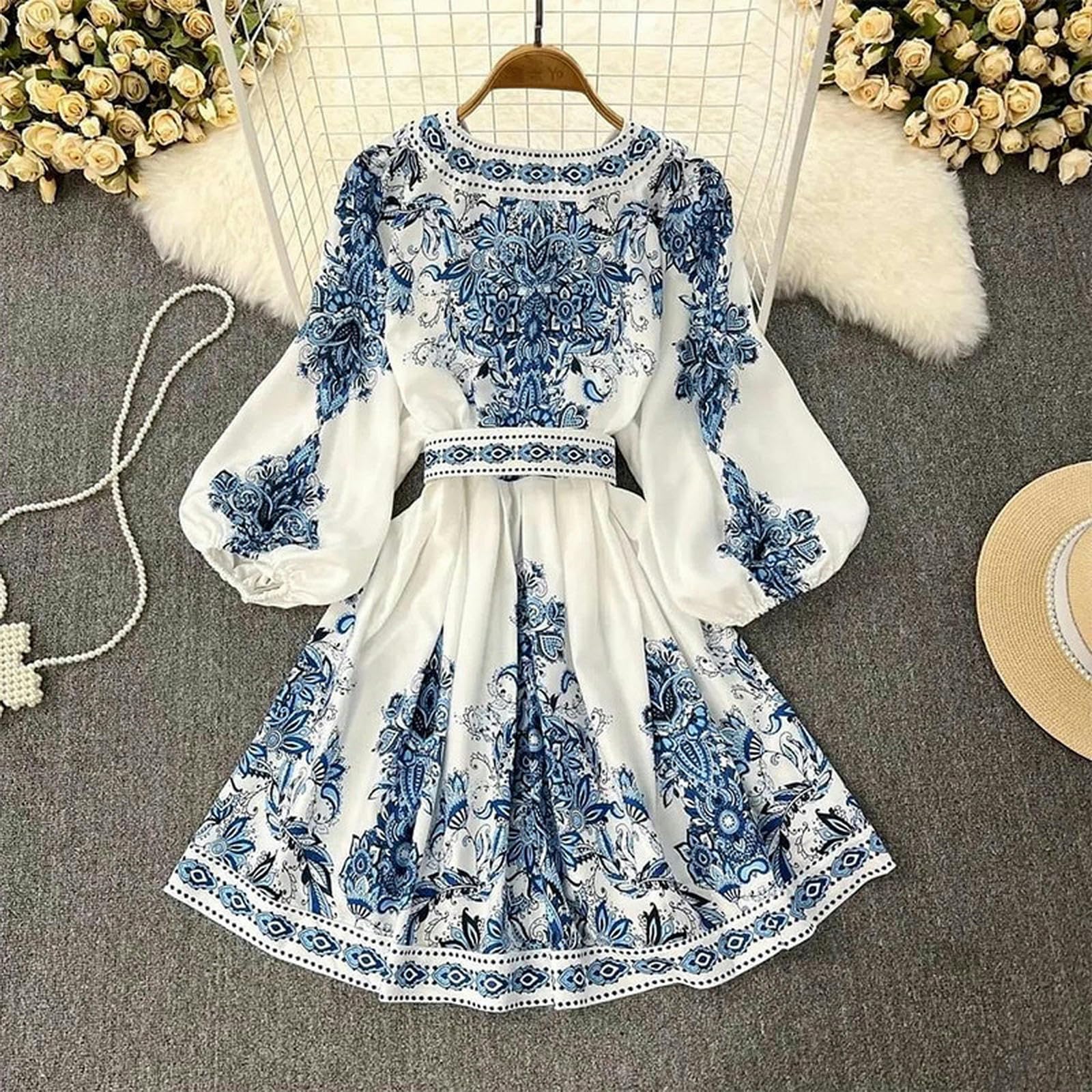 Vestido estampado de manga larga con cuello en V para mujer. YYEFNMAZ