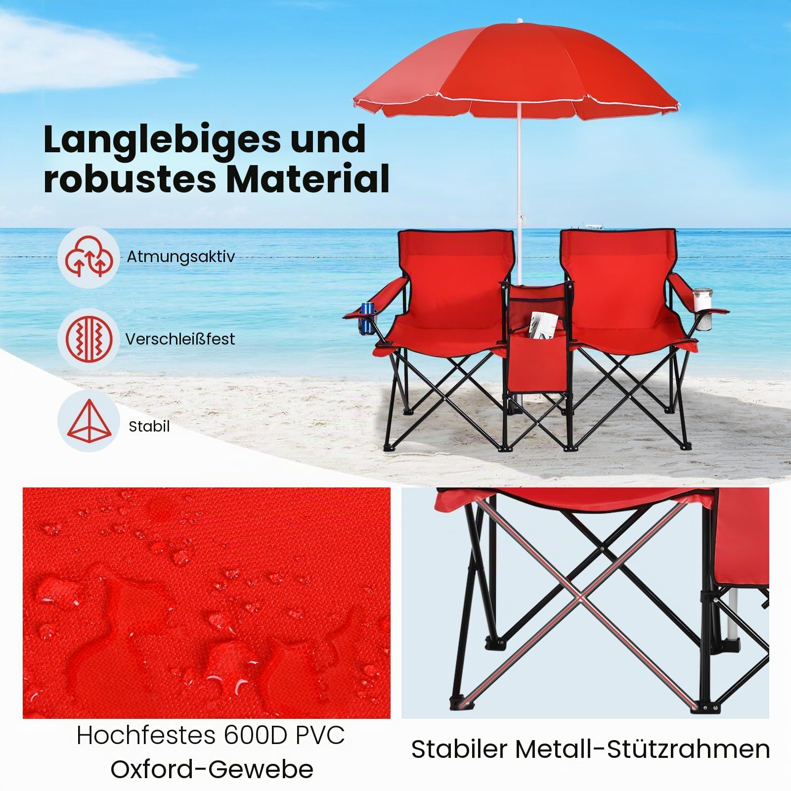 GIANTEX 2er Partner Campingstuhl mit Sonnenschirm, klappbarer Doppel Angelstuhl mit Getränkehalter & Kühltasche, Klappstuhl für 2 Personen, Anglerstuhl in Tasche, Faltstuhl Doppelsitzer