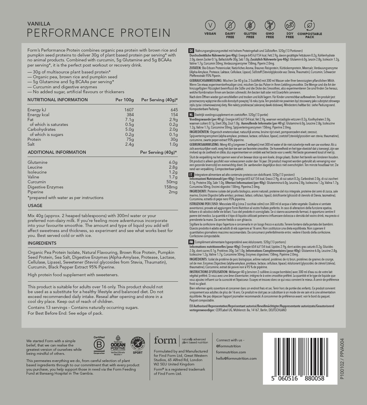 Form Performance Protein - Wegańskie białko w proszku - Kompletny profil aminokwasowy z BCAA i enzymami trawiennymi. Idealny po treningu. Świetnie smakuje z samą wodą! (Wanilia)