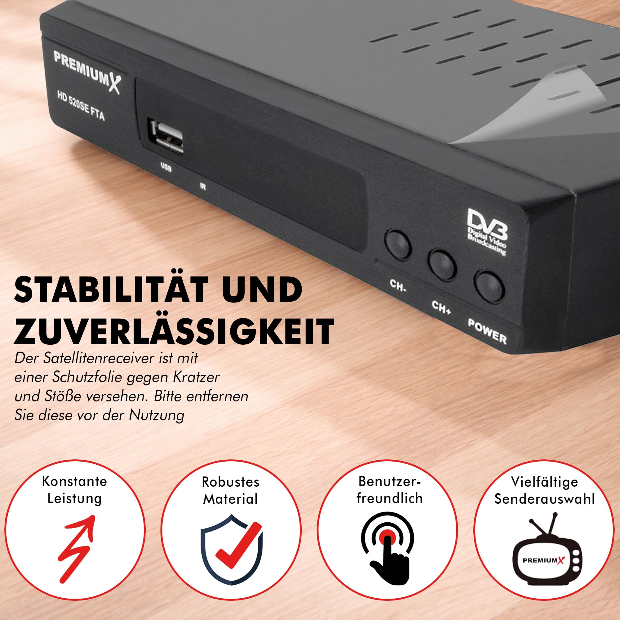 PremiumX odbiornik satelitarny HD 520SE FTA Digital SAT, DVB-S2 FullHD HDMI SCART 2 X USB odtwarzacz multimedialny, Astra Hotbird wstępnie zaprogramowany