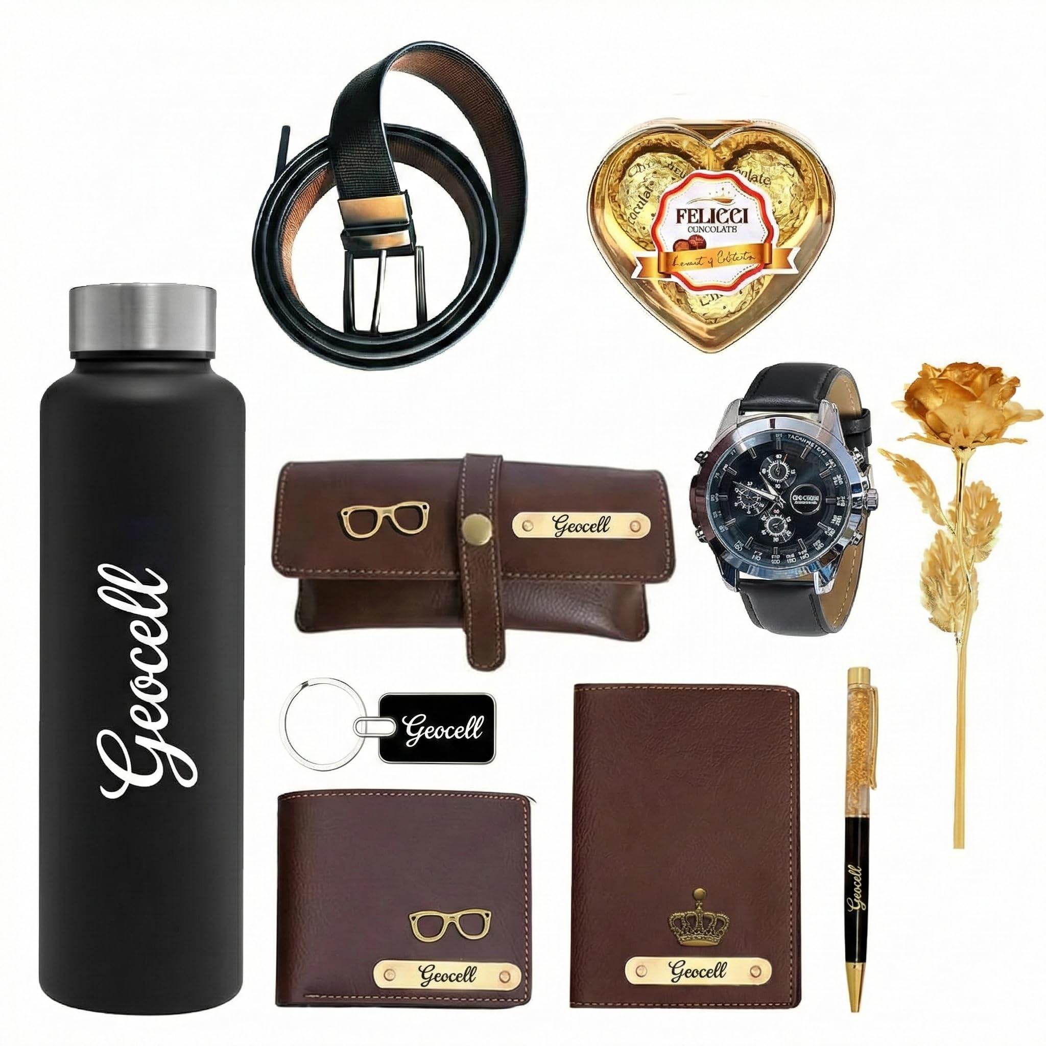 Valentine Gift for Men - Personalized 9-Piece Combo with Golden Rose - Custom Name Wallet, Passport Cover, Sunglass Cover, Bottle, Pen, Keychain - Romantic Gift for Husband Boyfriend-image-31