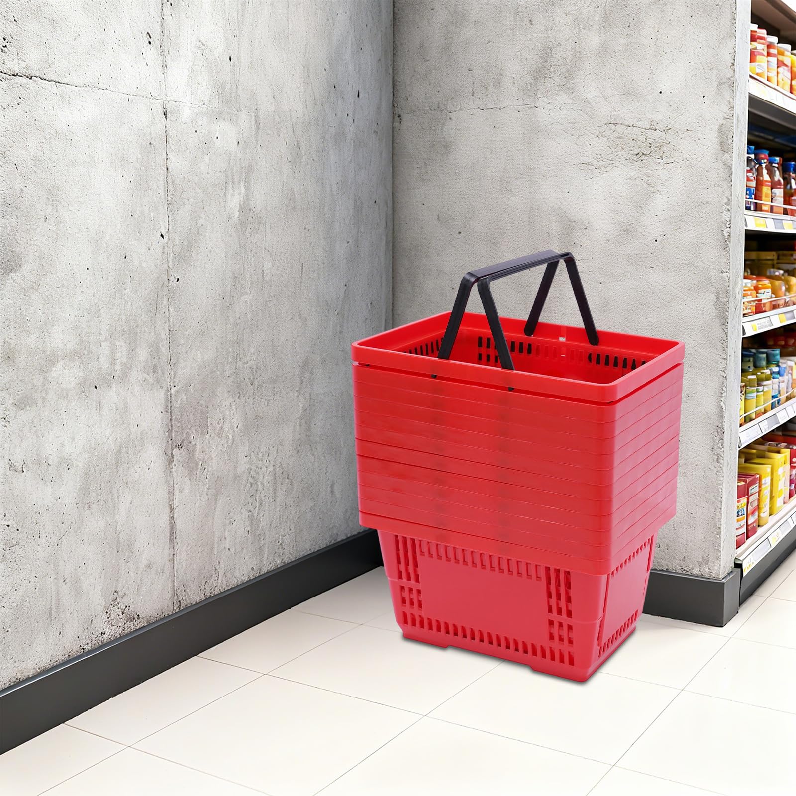 Einkaufskorb 12er Set 18L PP Korb stapelbar mit Griffen für Supermarkt Rot | Shopping Basket, 43 × 30 × 23 cm
