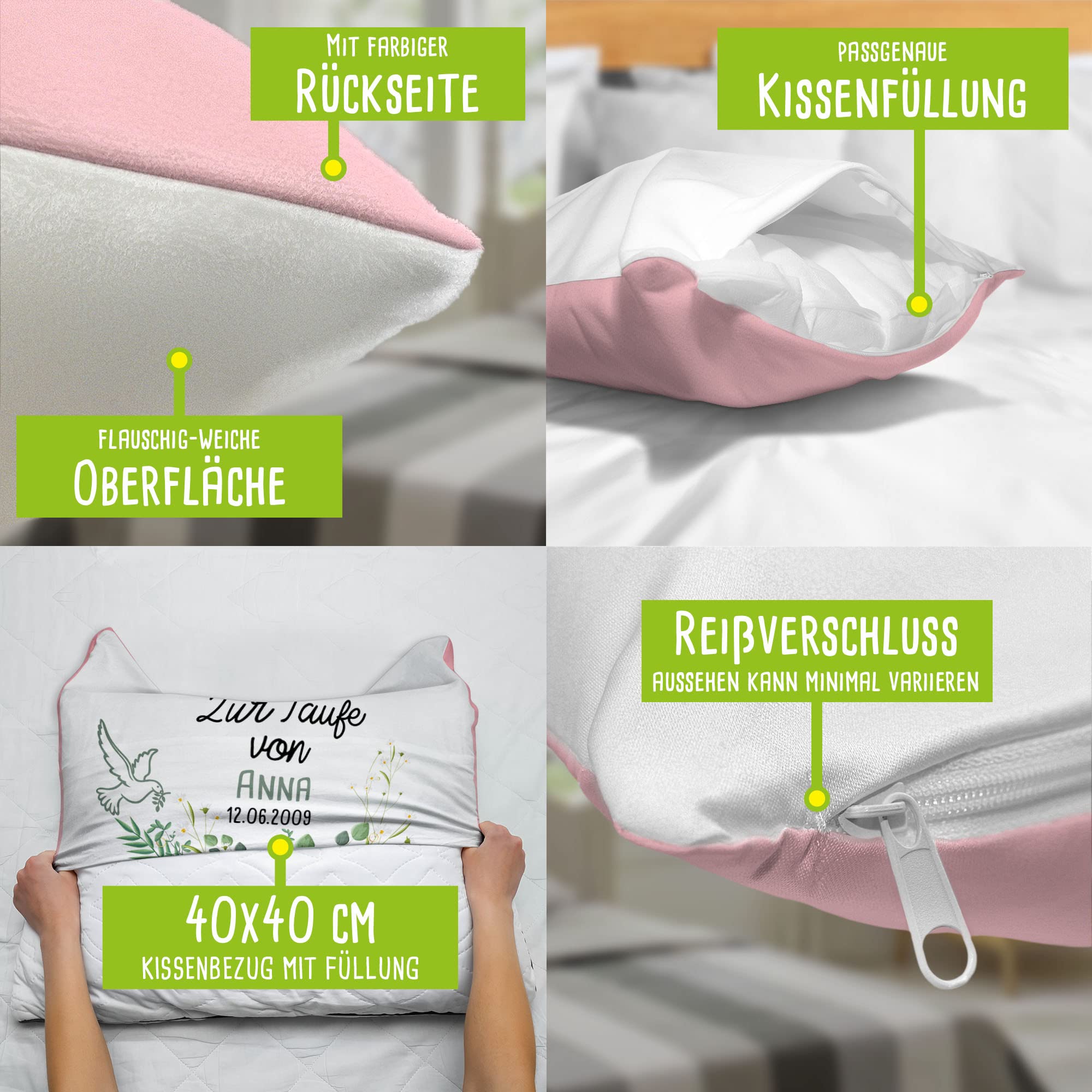 Print Royal PR Flauschiges Kissen zur Taufe mit Name & Datum - Kommt EIN Kind zur Welt - Geschenke zur Taufe, personalisierte Taufgeschenke Patenkind | inkl. Kissenfüllung, Rückseite Rosa, 40 x 40 cm