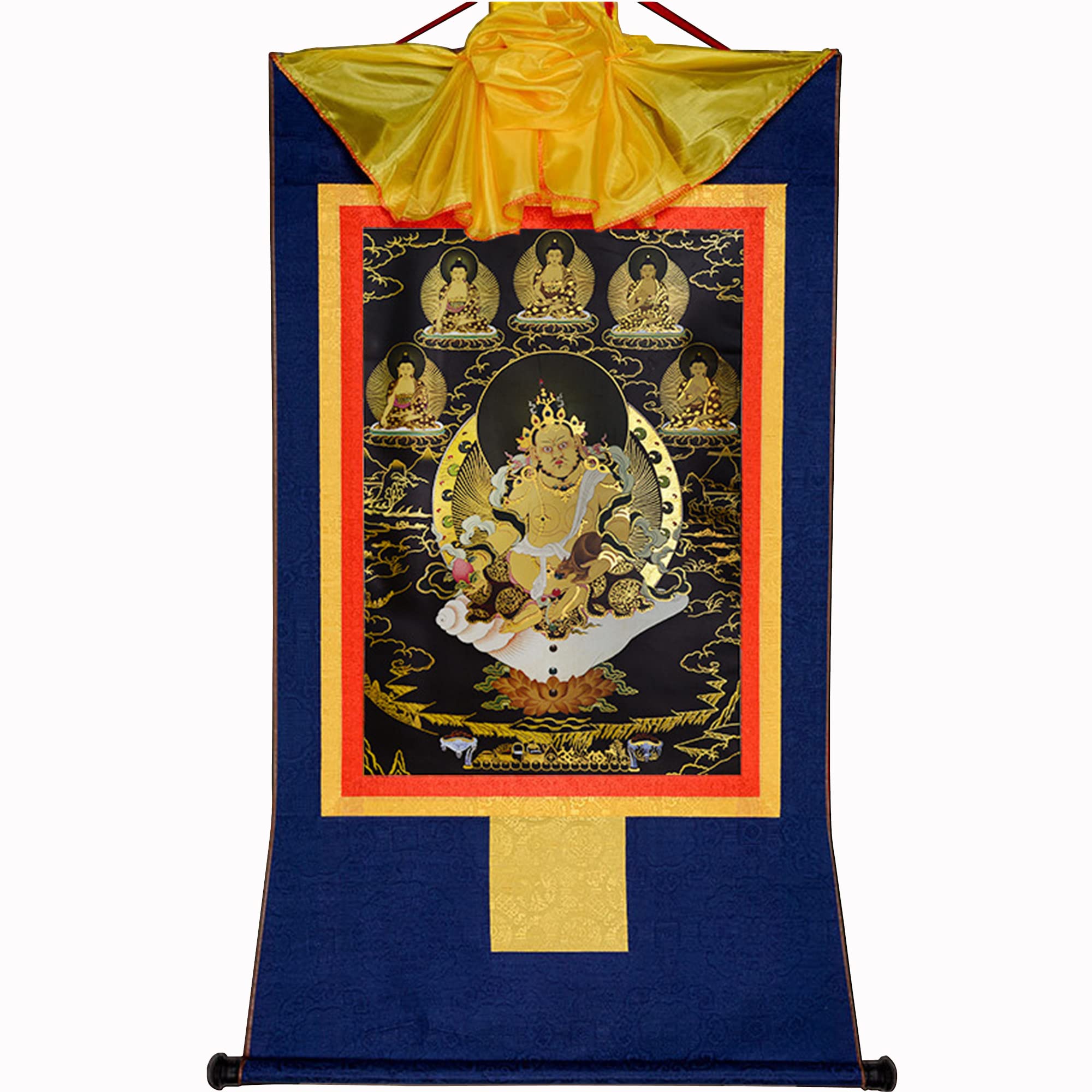 Tapisserie bouddhiste Dzambhala jaune | Thangka tibétain bleu 35 cm