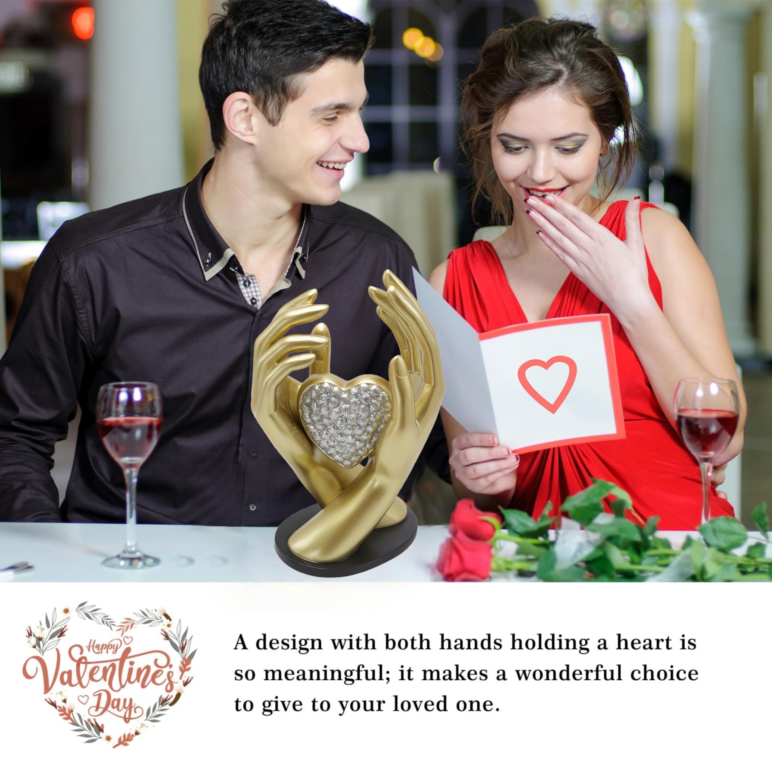 Decoración de mano dorada, sosteniendo una estatua de corazón, decoración de habitación, escultura de mano de corazón, perfecta para decoración de boda y como ambas manos sosteniendo un