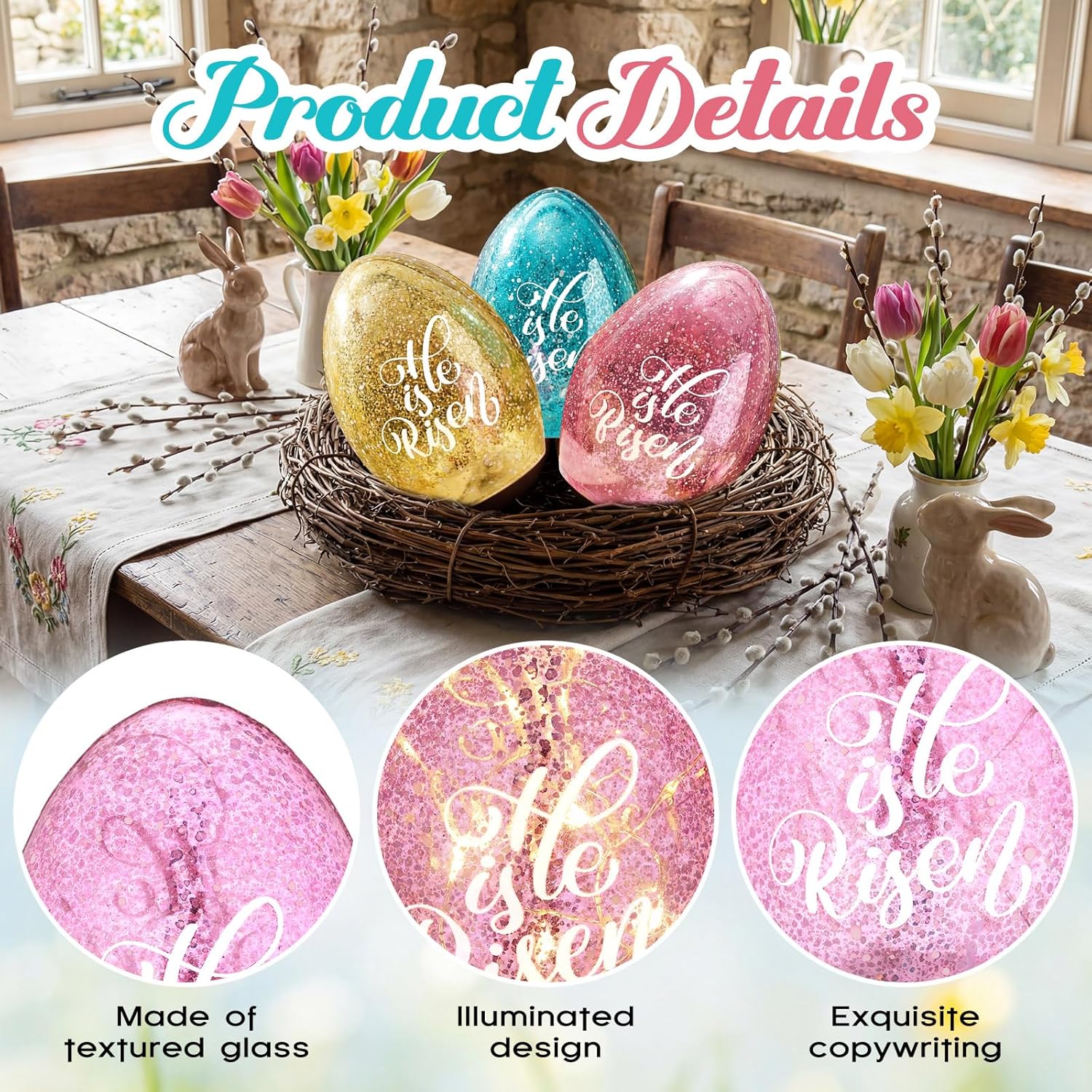 3 Pack Easter Egg Light Decorations, He is Risen Table Centerpiece Lights with Timer Mercury Glass Egg Lamps, Spring Easter Decorations Indoor, 6 Inch Lighted Eggs for Home Decor Battery Operated