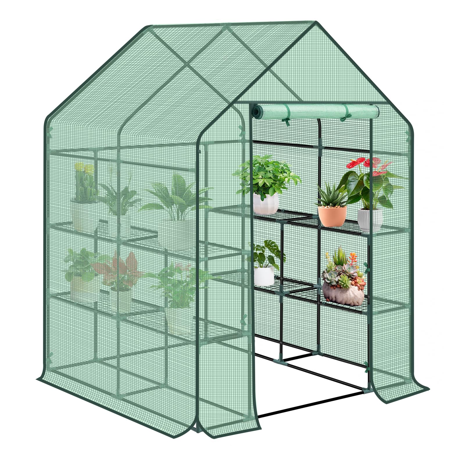 WOLTU Foliengewächshaus, Tomatengewächshaus für Garten Balkon, Indoor & Outdoor, Metallgestell, Gewächshaus mit 3 Ablagen, für Frühbeet Gemüse Blumen, 143 x 195 x 143 cm, Grün