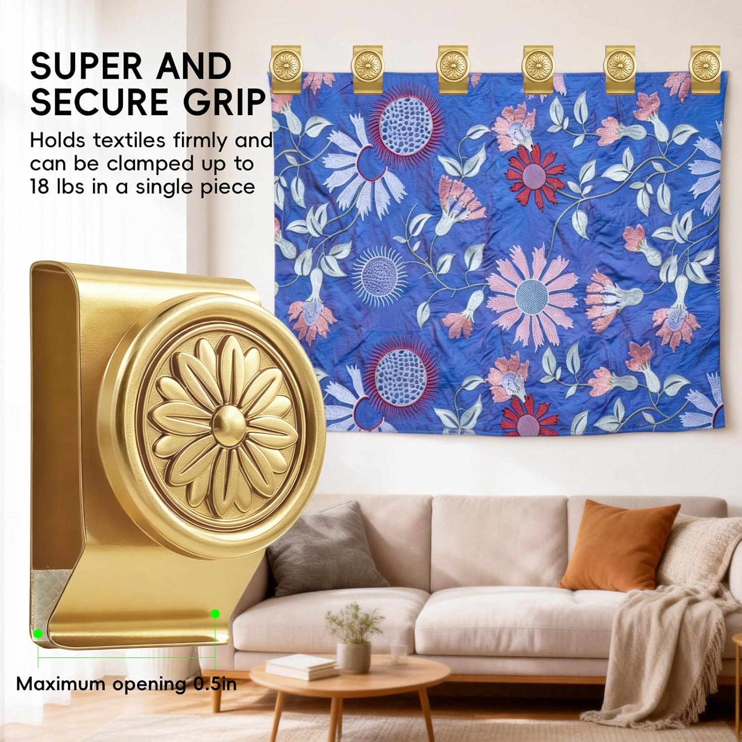 4 Set Heavy Duty Tapestry Hangers - Non-Slip Metal Quilt Hangers for Wall Display - Decorative Rug Clips & Hanging Clamps for Blankets, Carpet, Textile - Gold