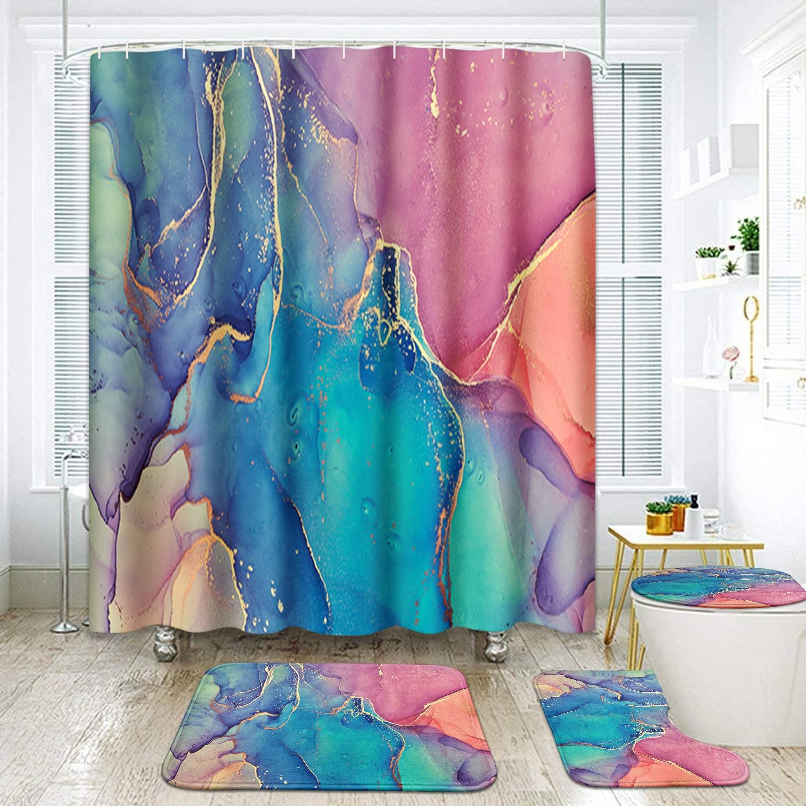 Amazon.com: Britimes 4 Pcs Shower Curtain Set, Pink and Green Marble ...