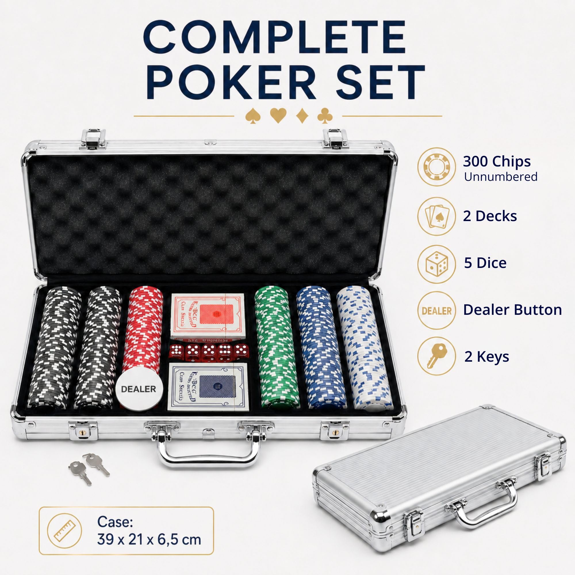 MAGIC SELECT Poker Set Spiel. Pokerset Komplett mit Metallkoffer 300 Pokerchips, 2 Kartendecks, 5 Würfel, Dealer Button und Schlüssel. Pokerkoffer für Zuhause, Partys und Spieleabende