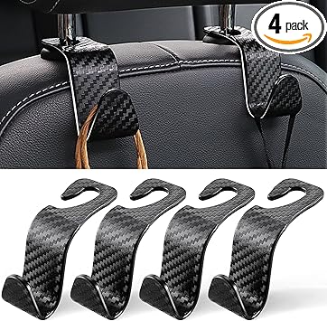 LivTee Car Purse Hook, 4 Pack Universal Auto Seat Headrest Hook Hangers Organizer for Coats, Umbrellas, Groceries - Carbon Fiber Black